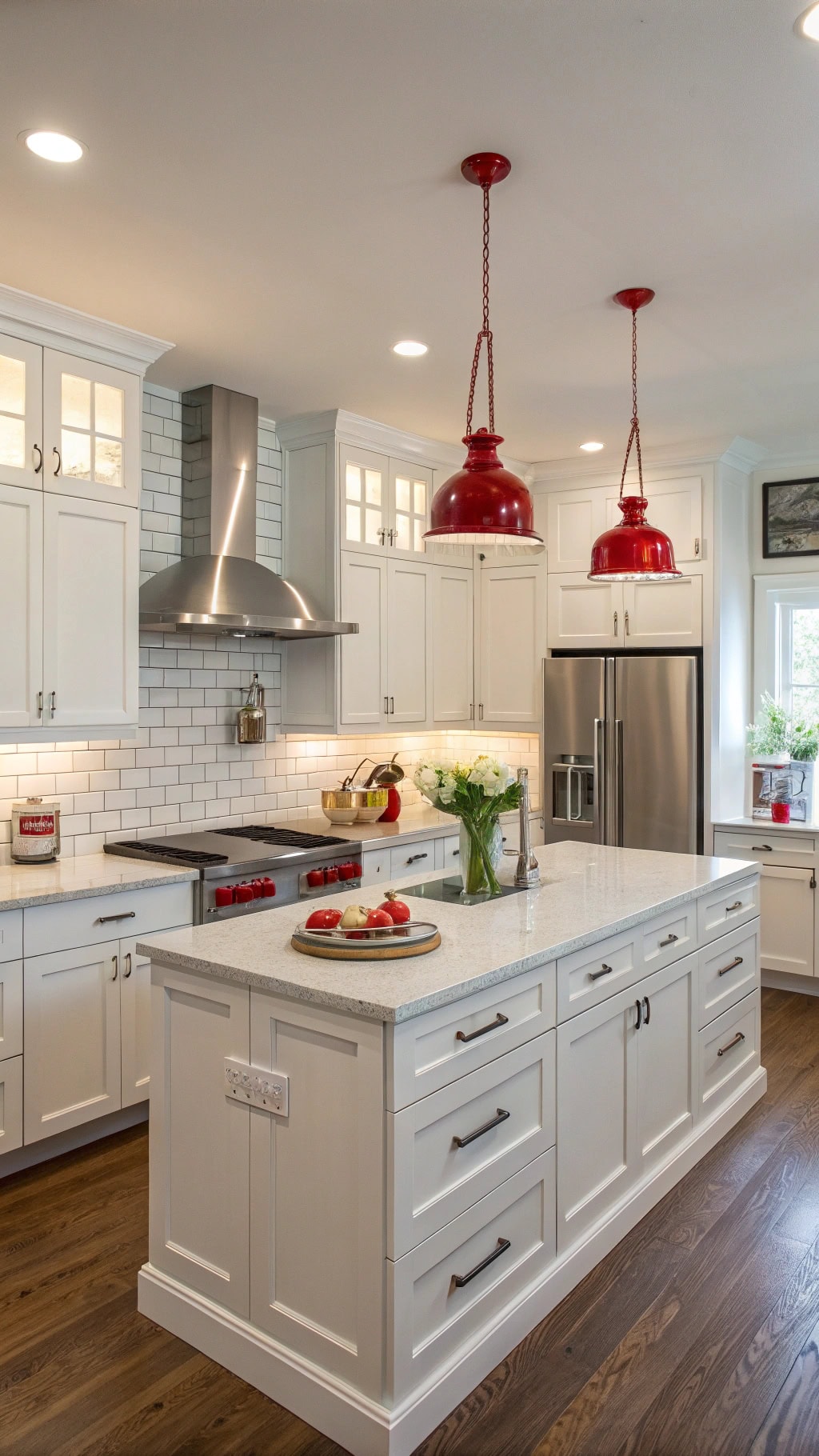 red hardware on white cabinets