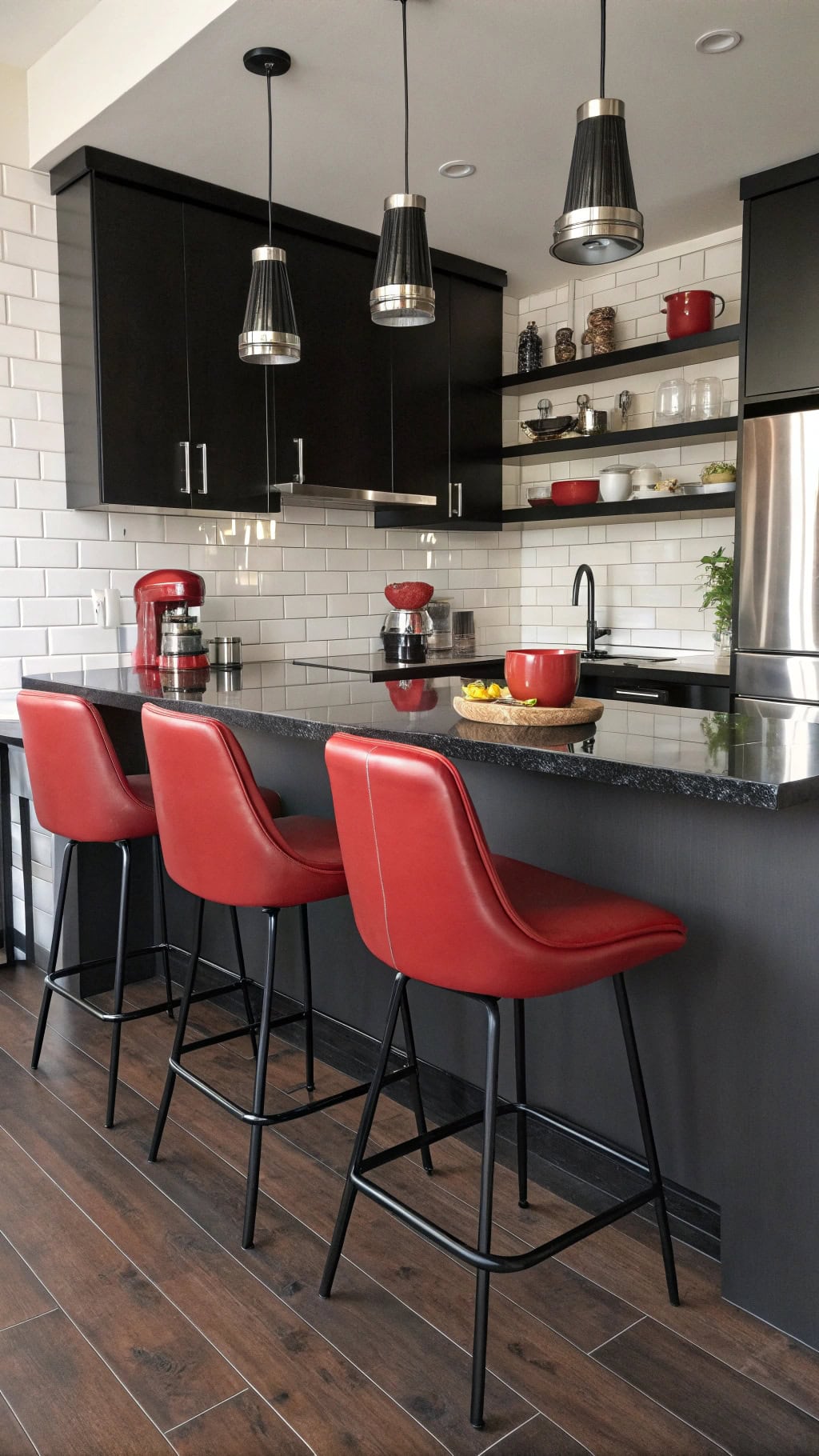 red stools at counter