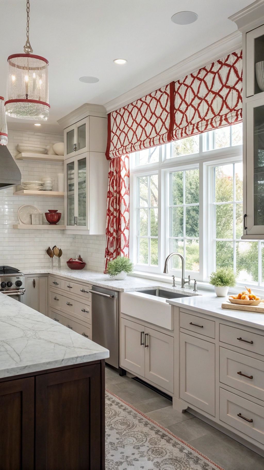 red trellis patterned curtains