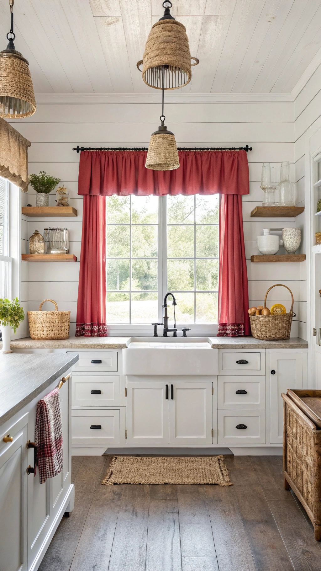 rustic red ruffled curtains