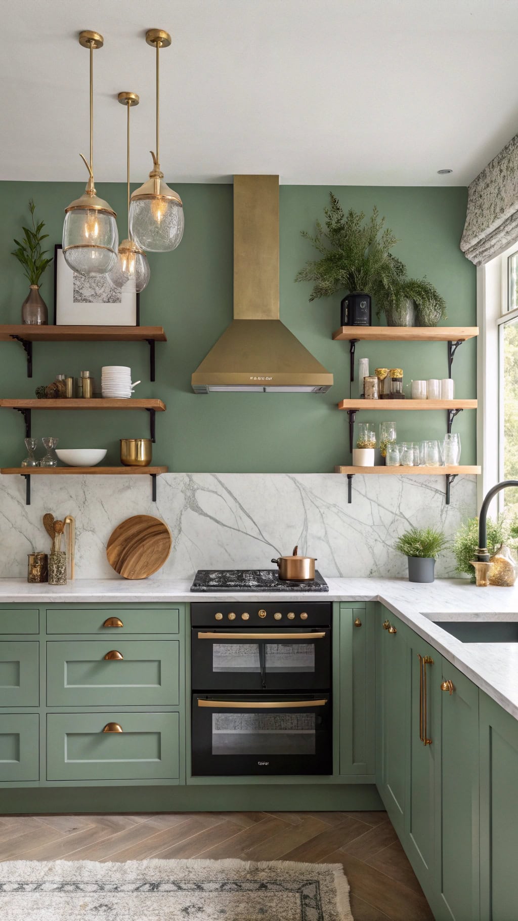 sage green walls gold shelves