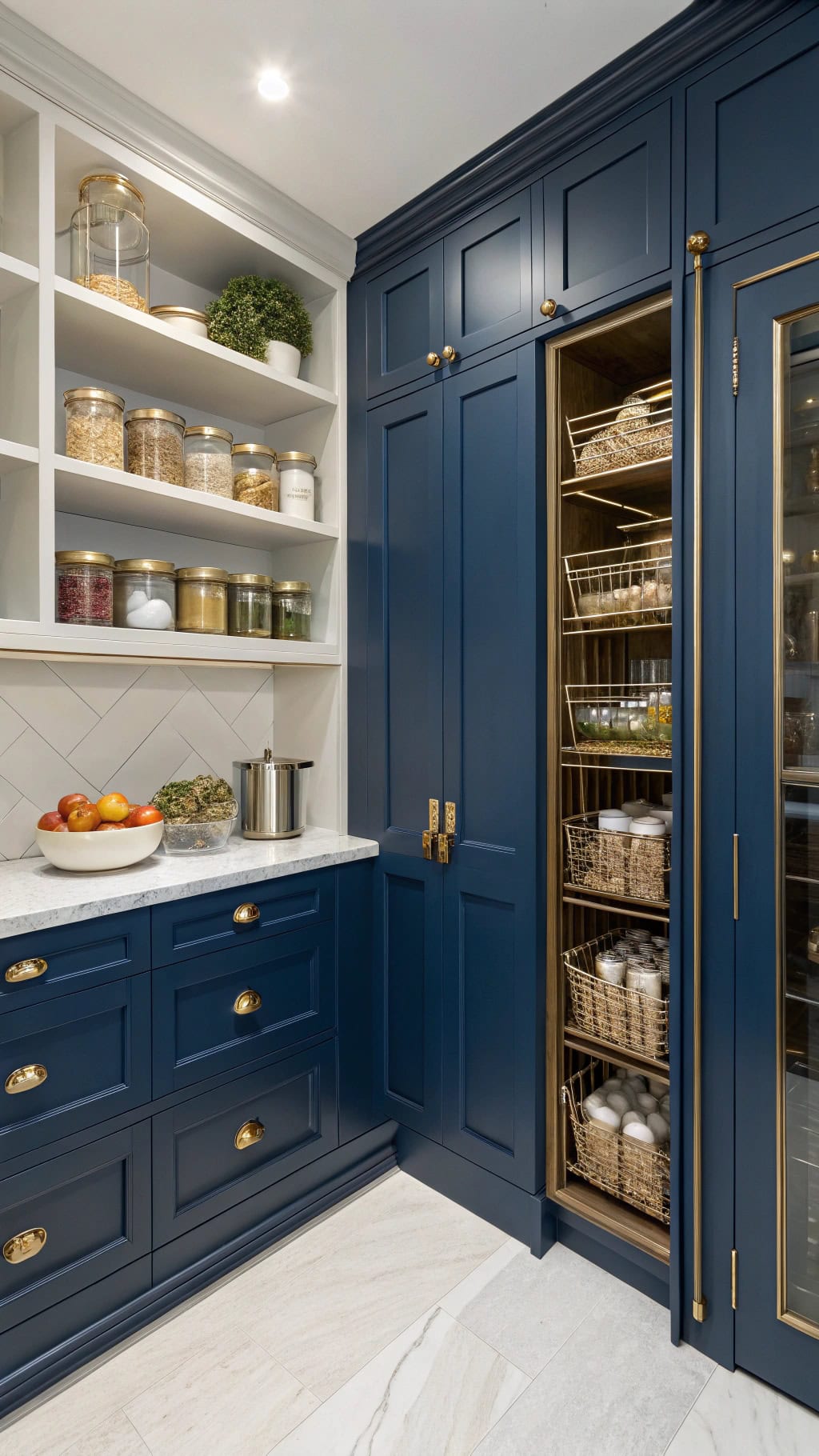 sapphire pantry with gold handles