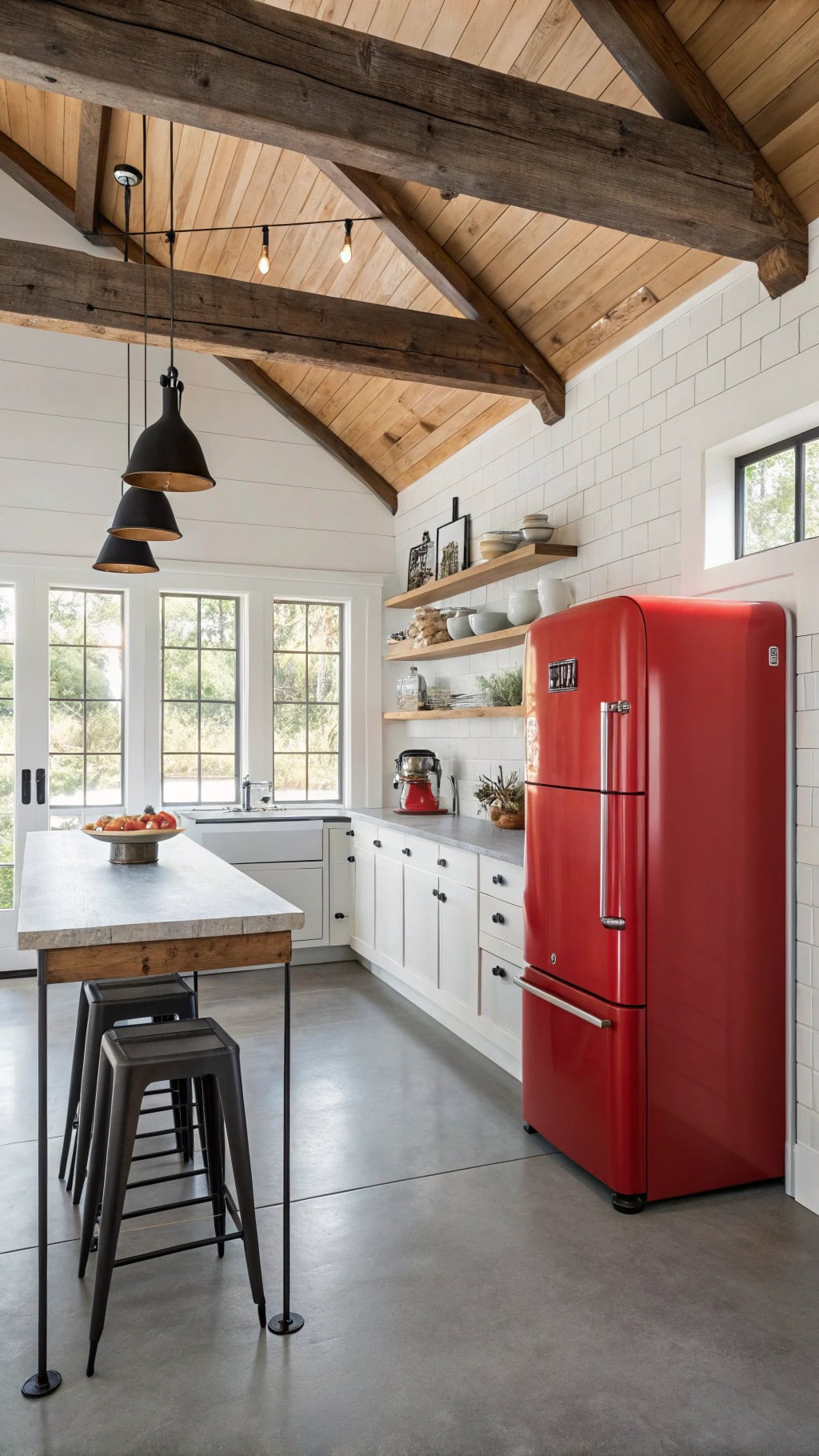 scarlet fridge in rustic modern