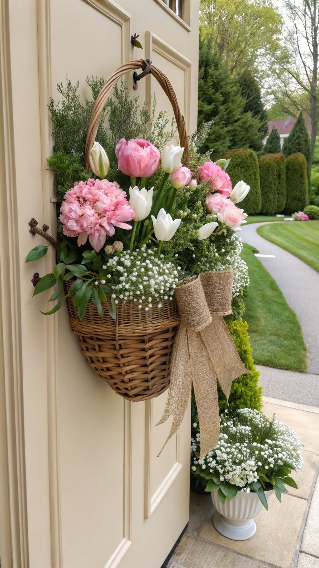 spring blooms in basket