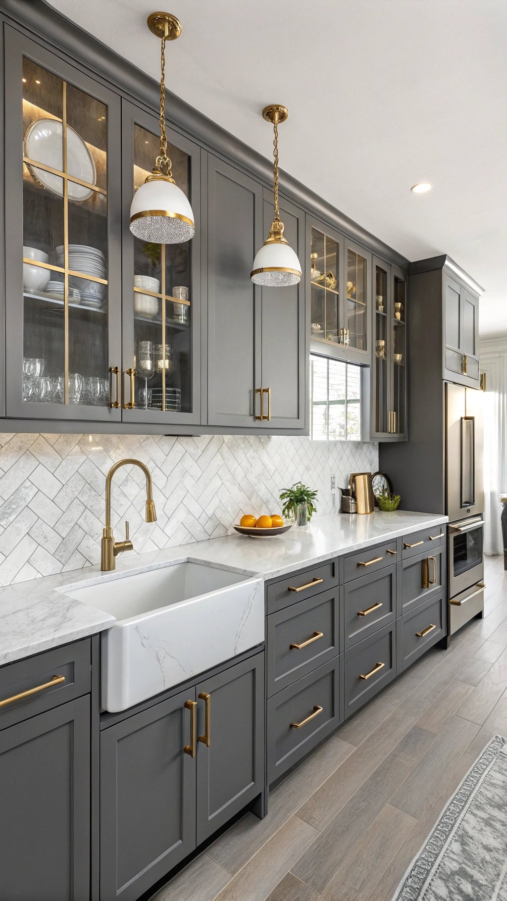 stylish grey cabinets gold handles