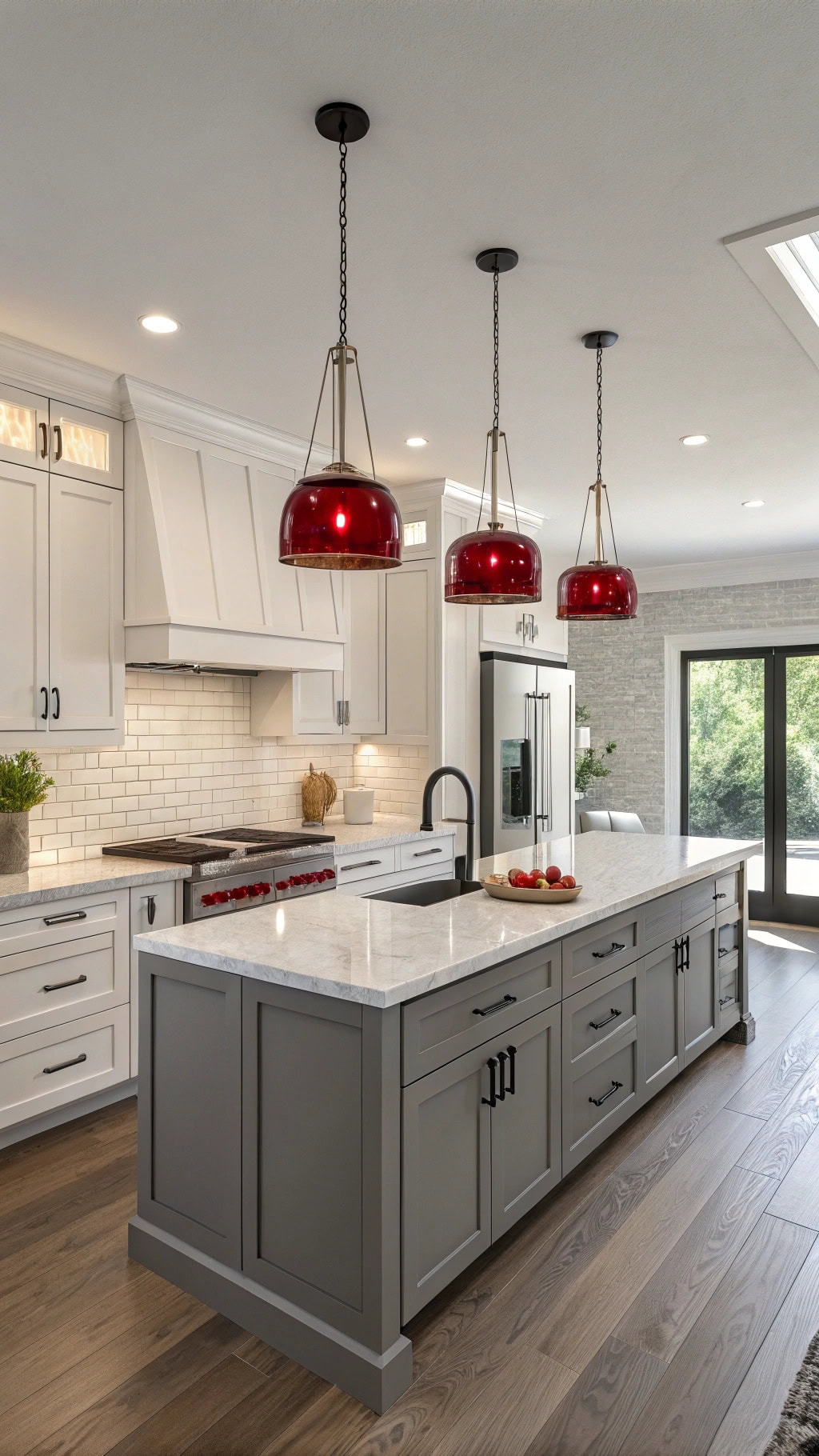 stylish red kitchen lighting