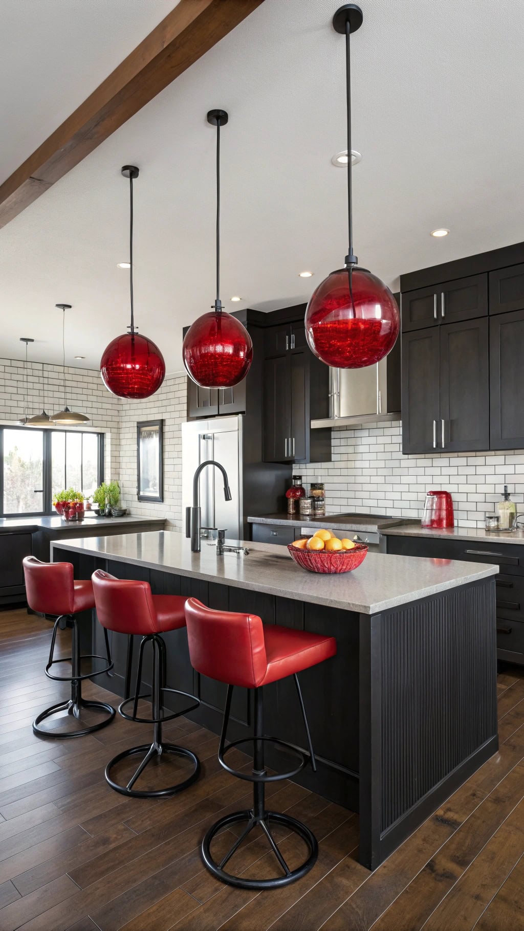 vibrant red kitchen lighting