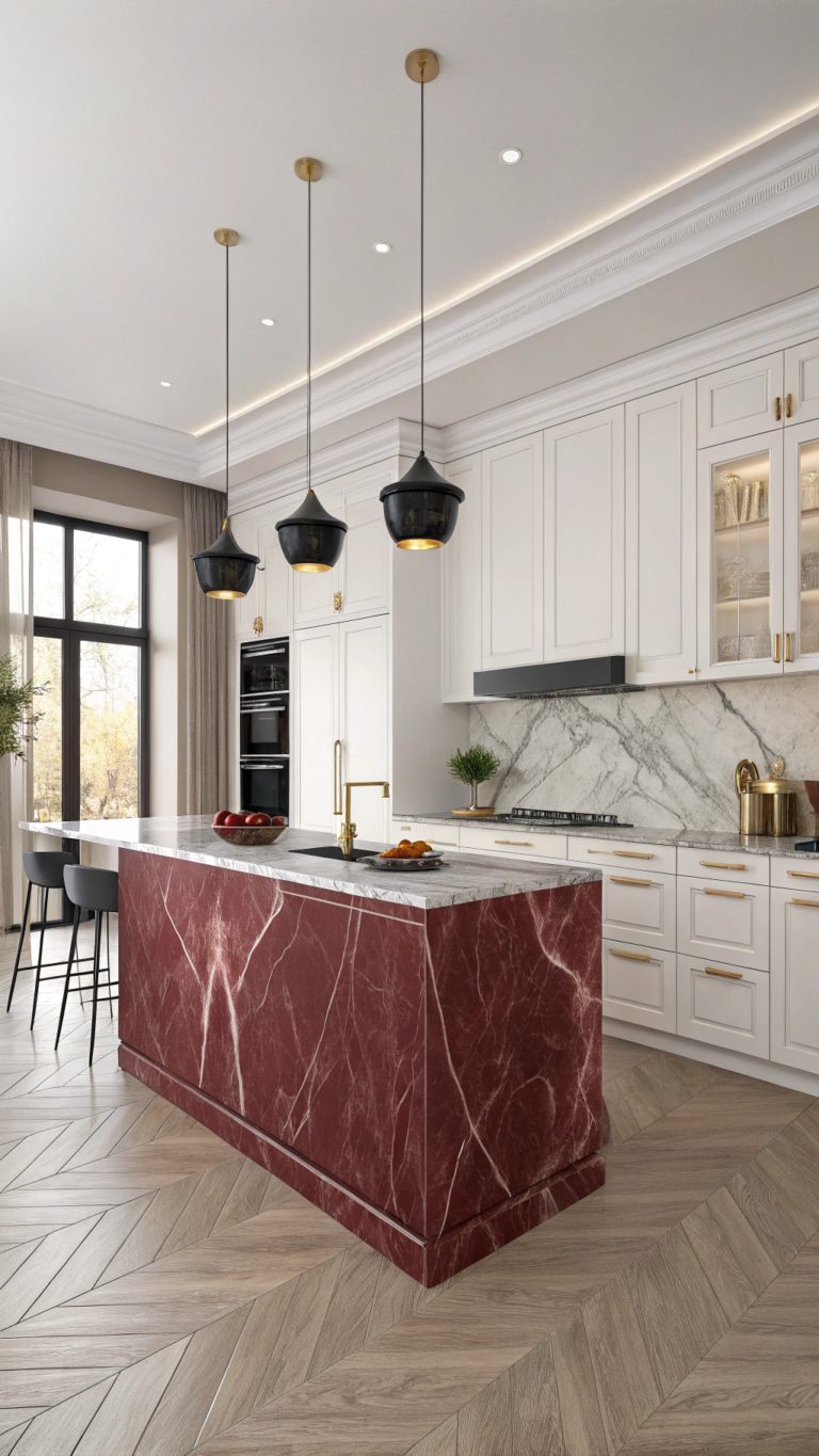 vibrant red marble kitchens