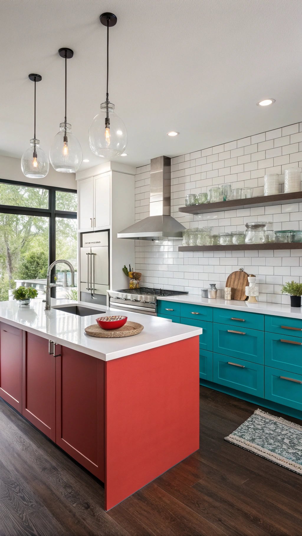 vibrant red teal cabinets