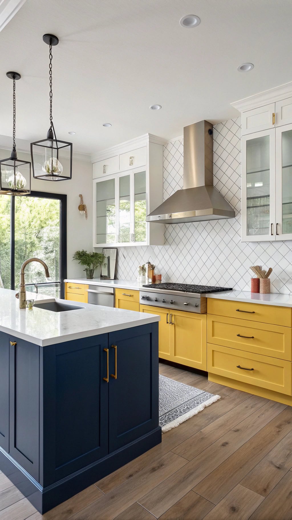 vibrant yellow blue cabinetry combination