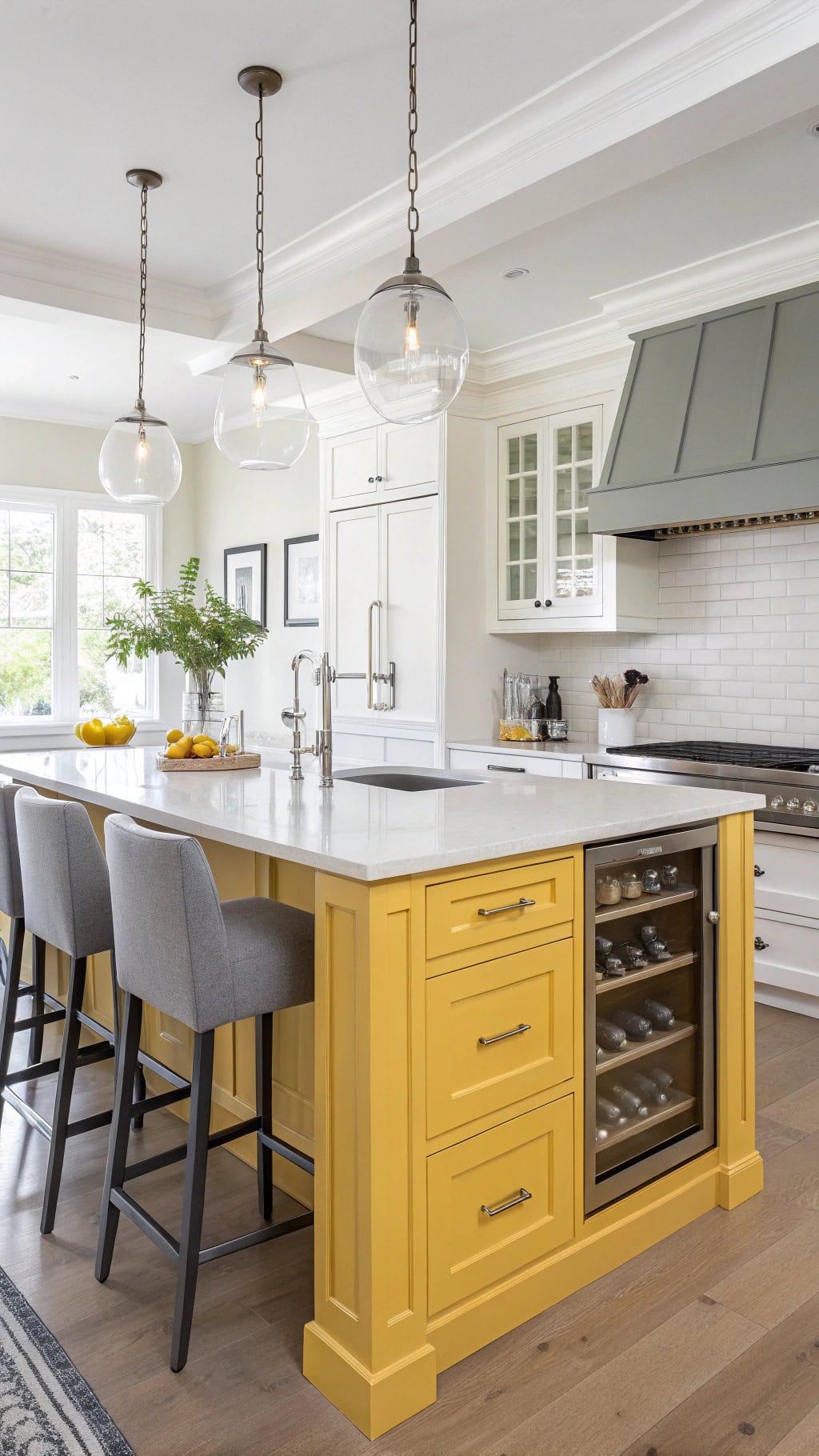 vibrant yellow kitchen island