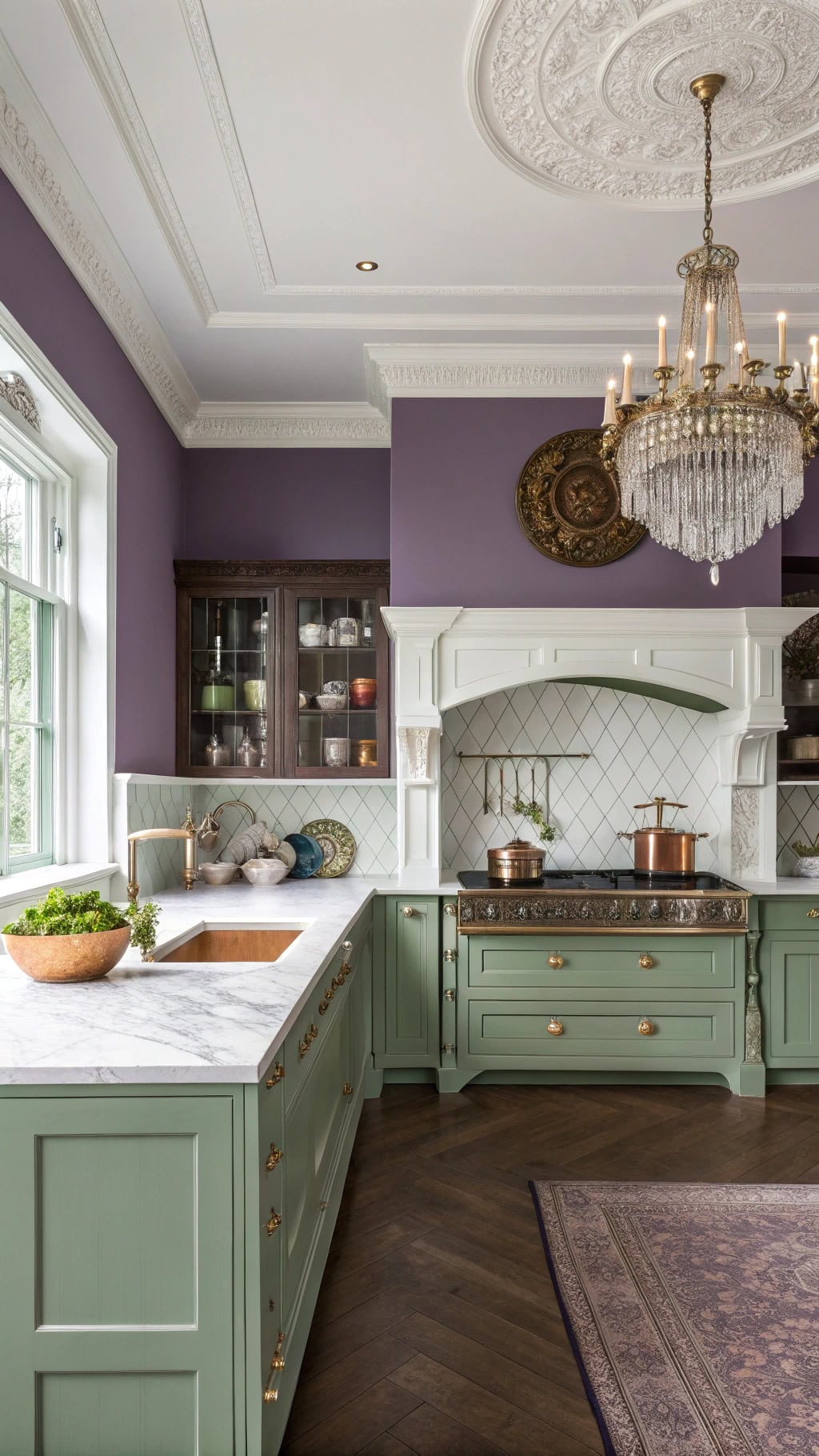 victorian style purple green kitchen