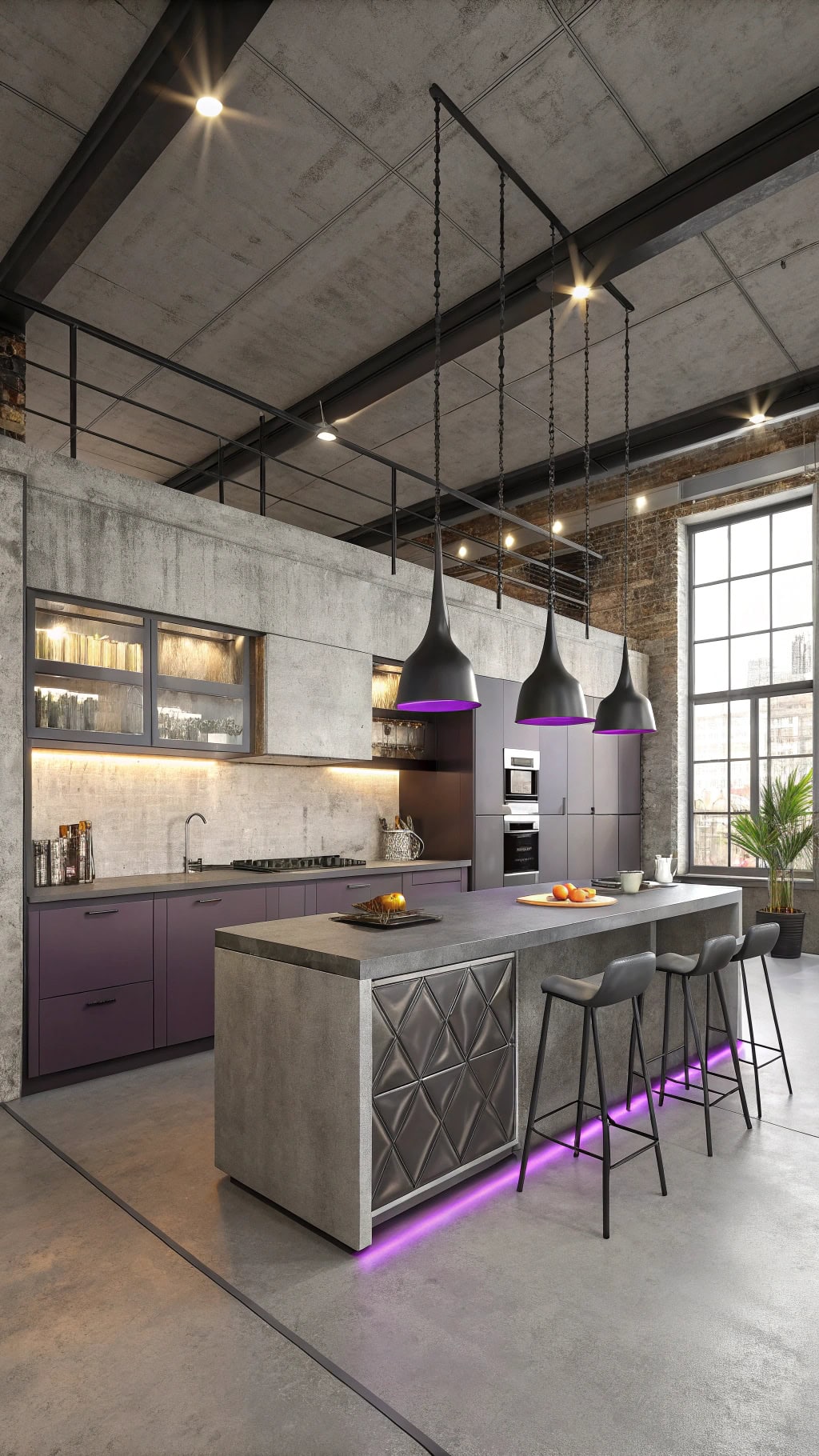 violet accented industrial kitchen