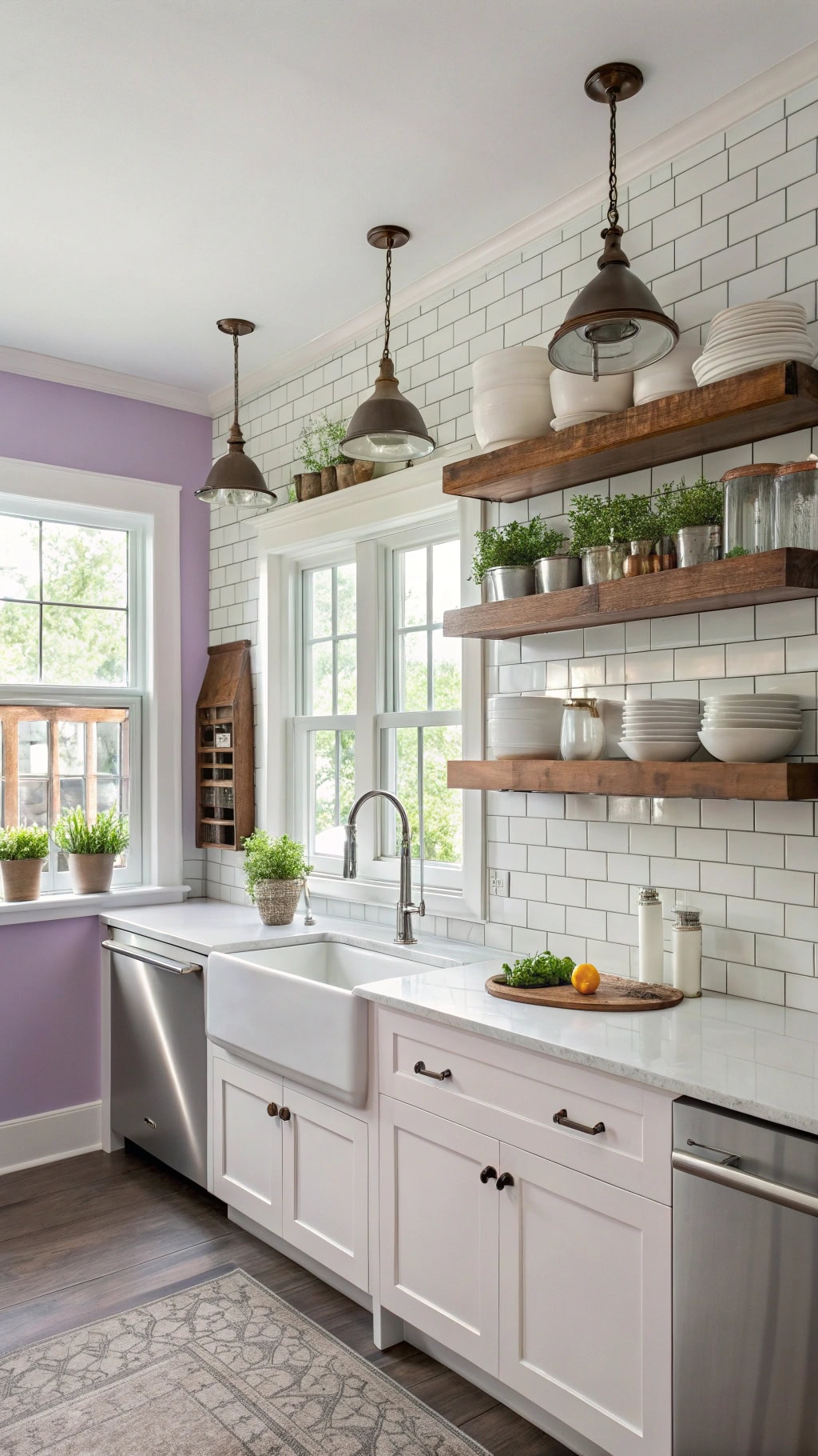 violet open shelving kitchen