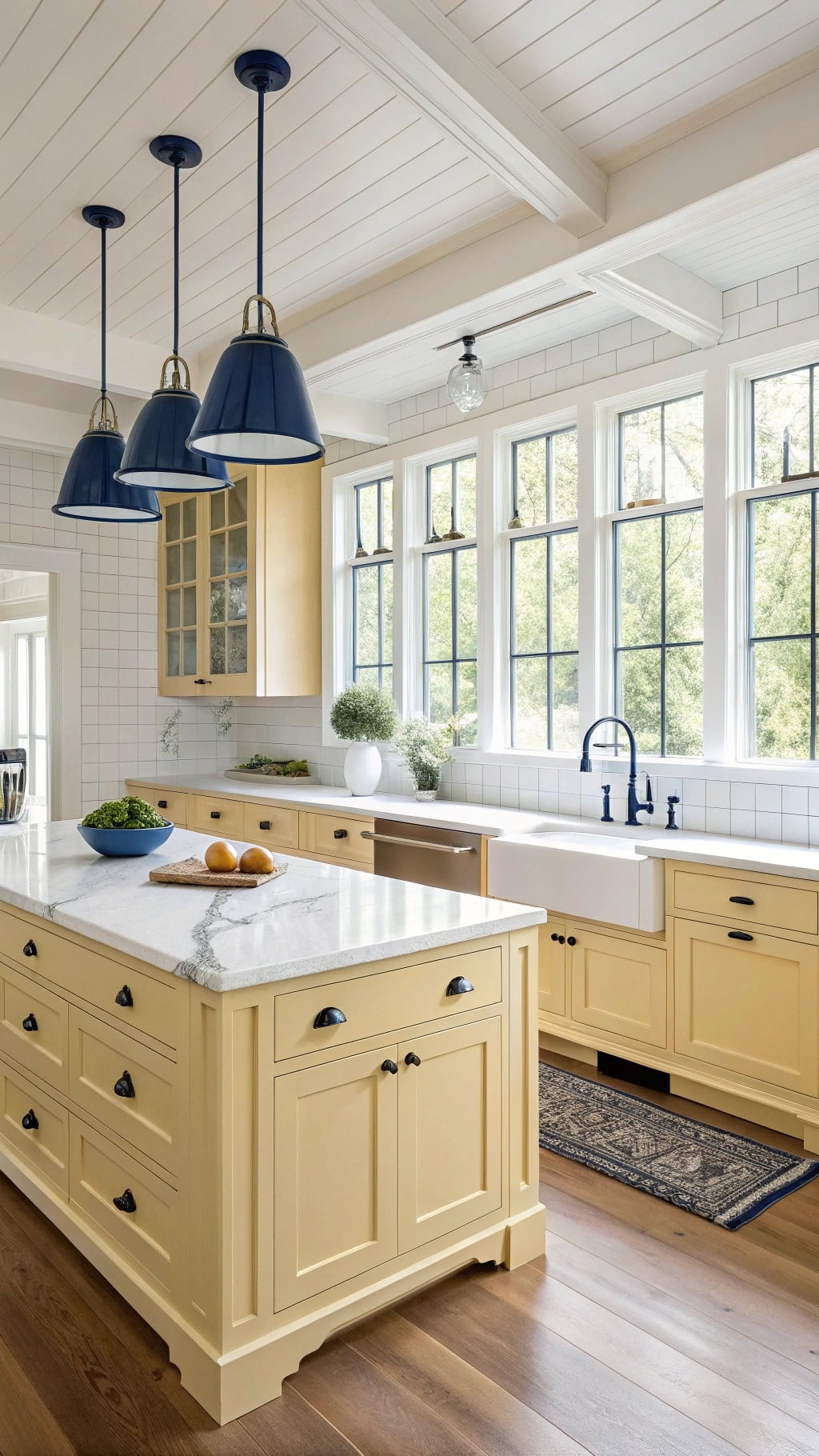 yellow cabinetry with navy