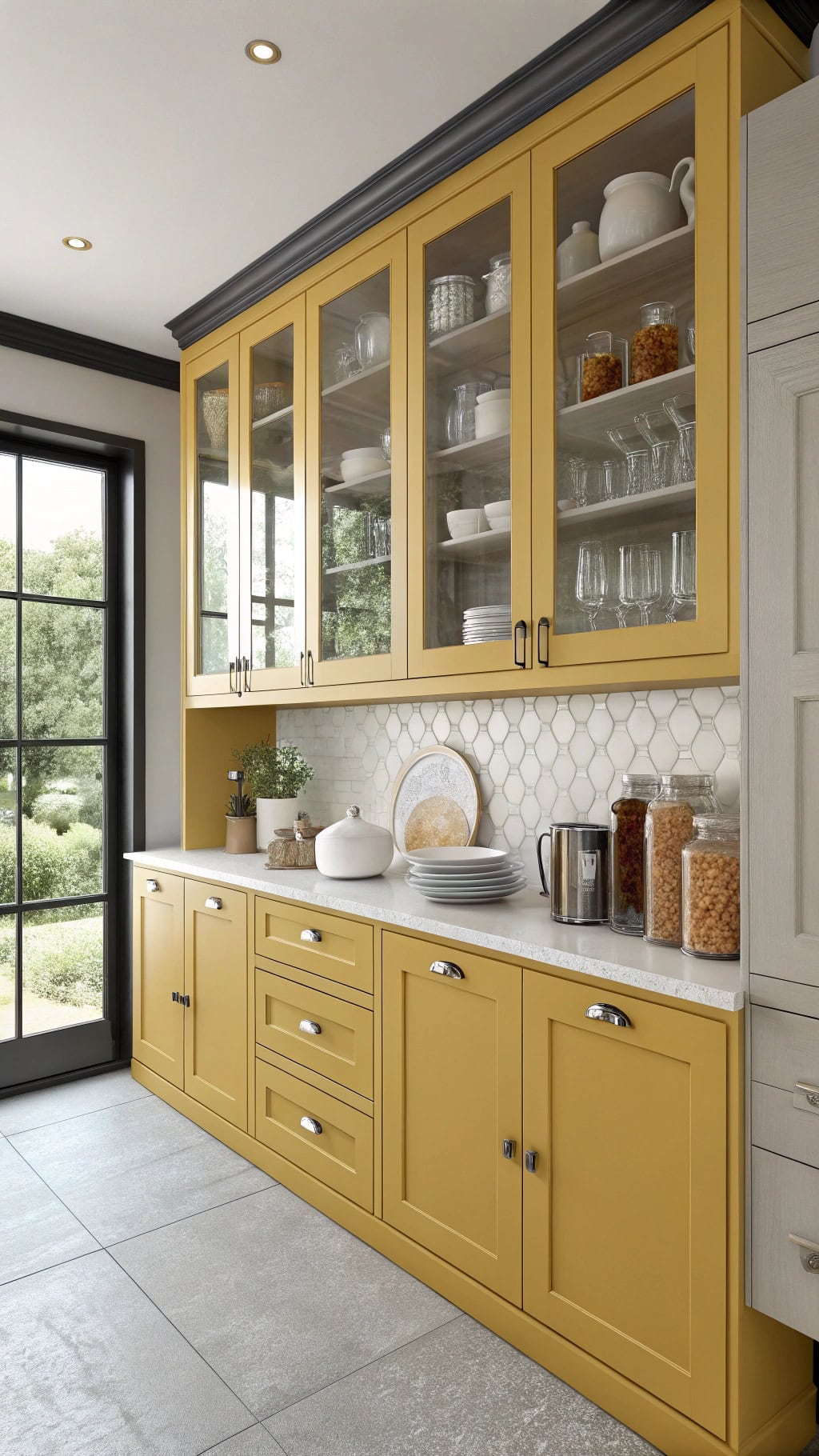 yellow glass front cabinet