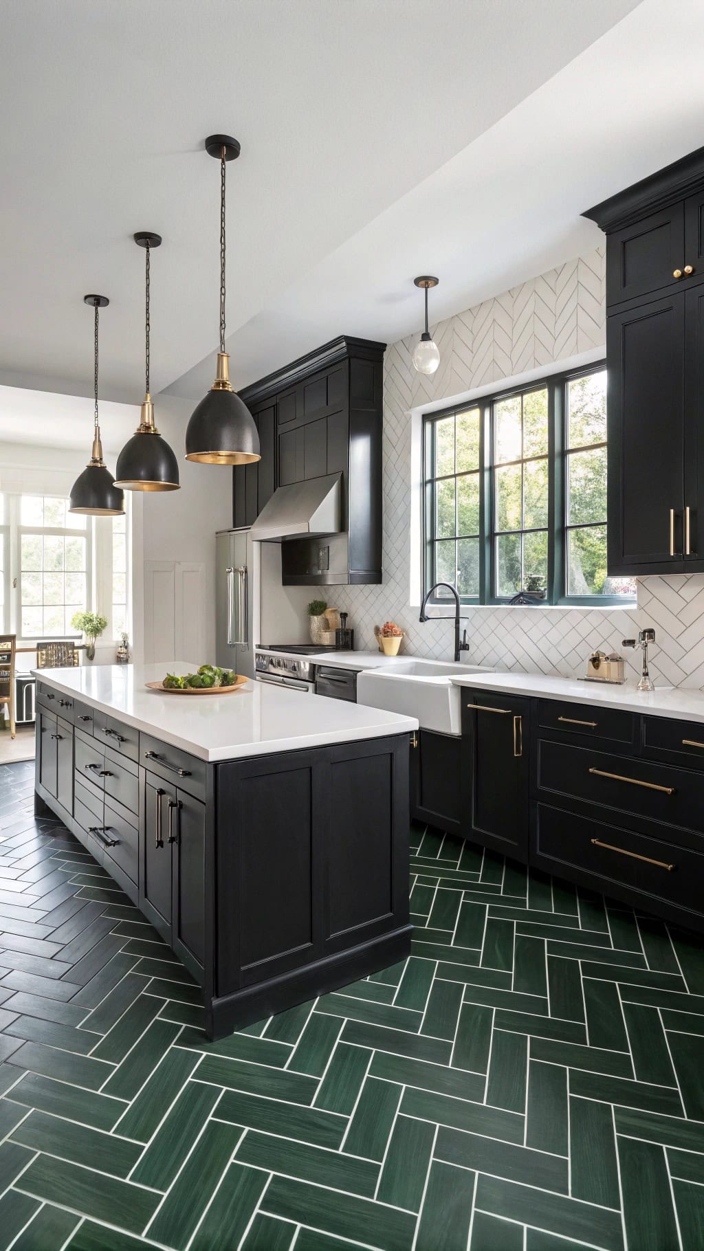 bold green herringbone floors