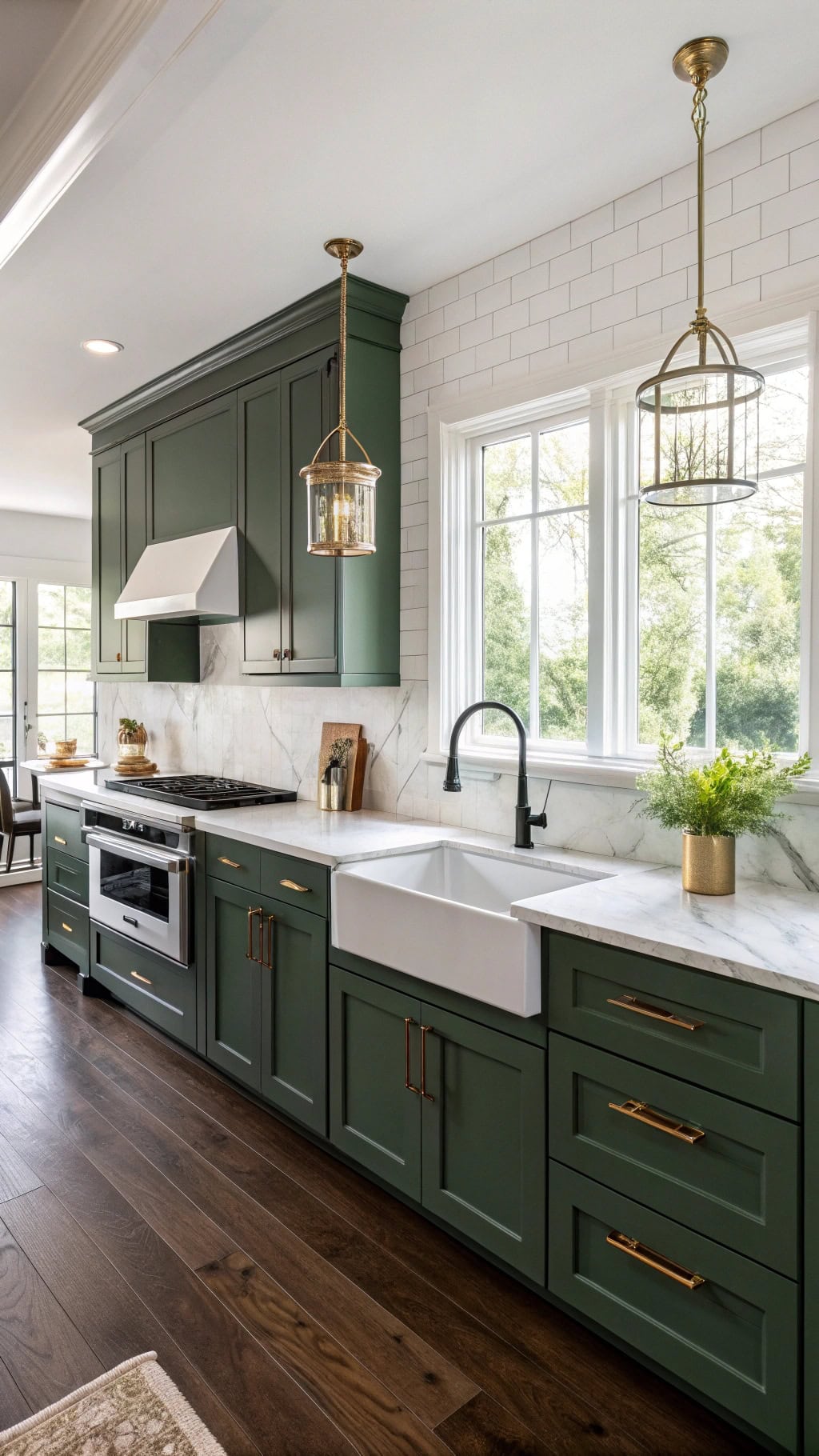 elegant forest green cabinets shine