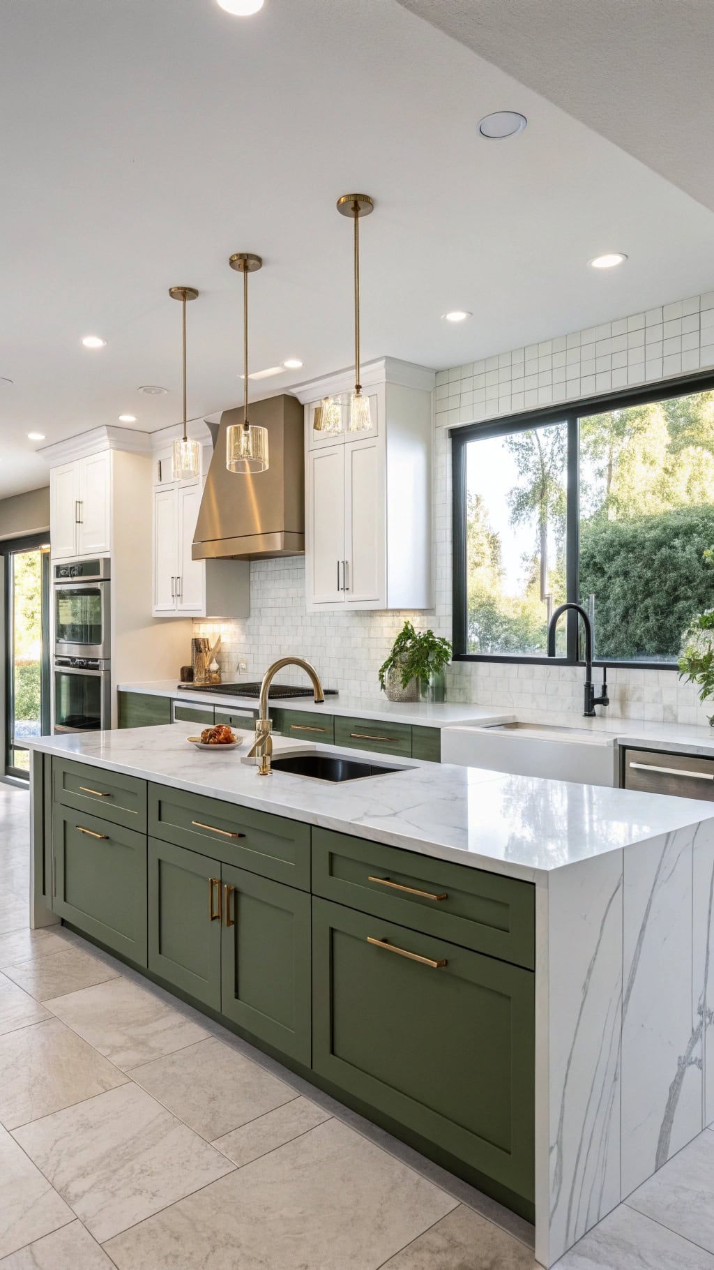 olive and white kitchen contrast