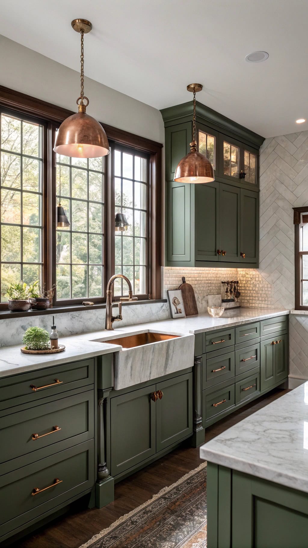 olive cabinetry copper hardware