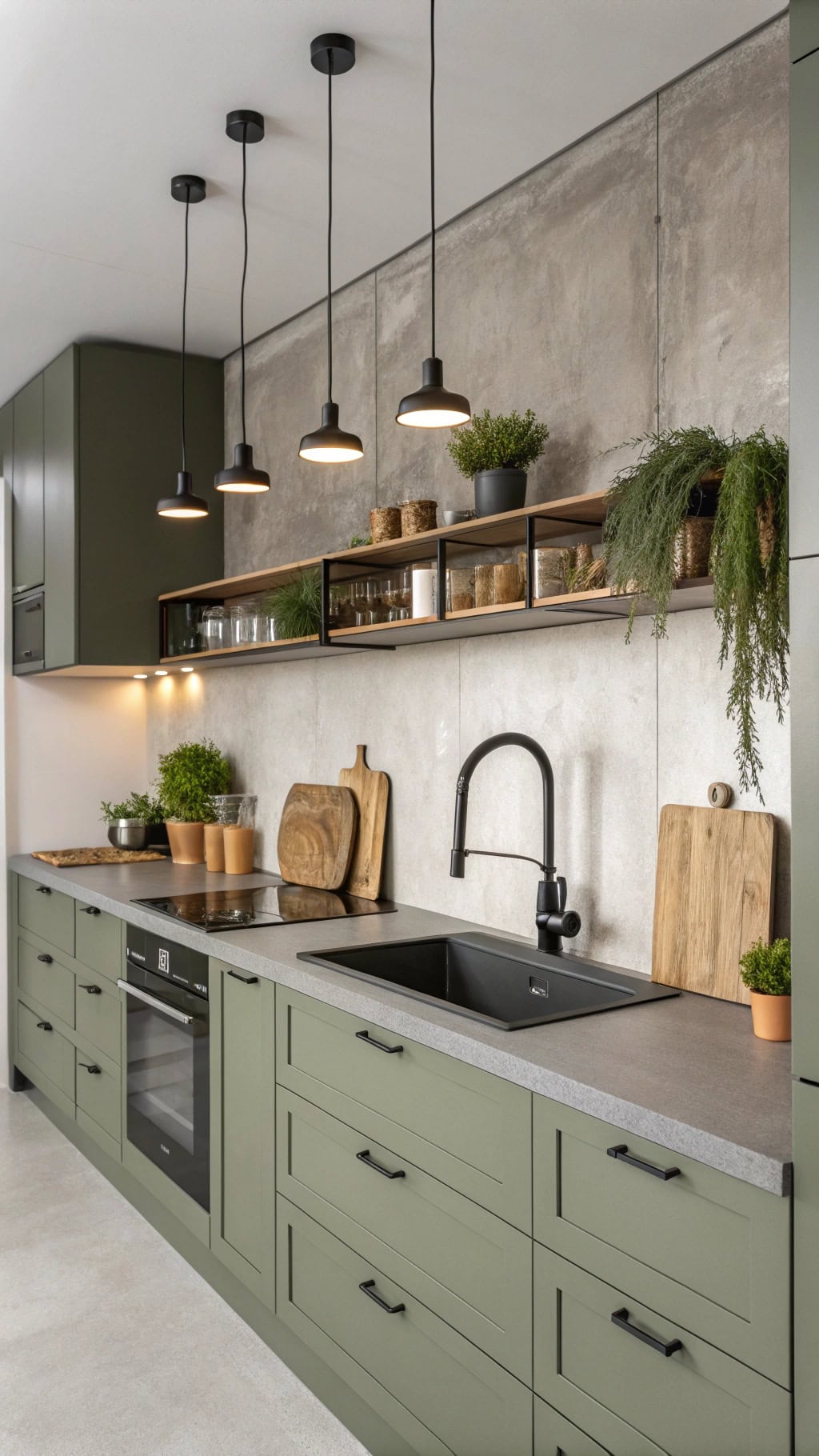 olive kitchen with concrete elegance