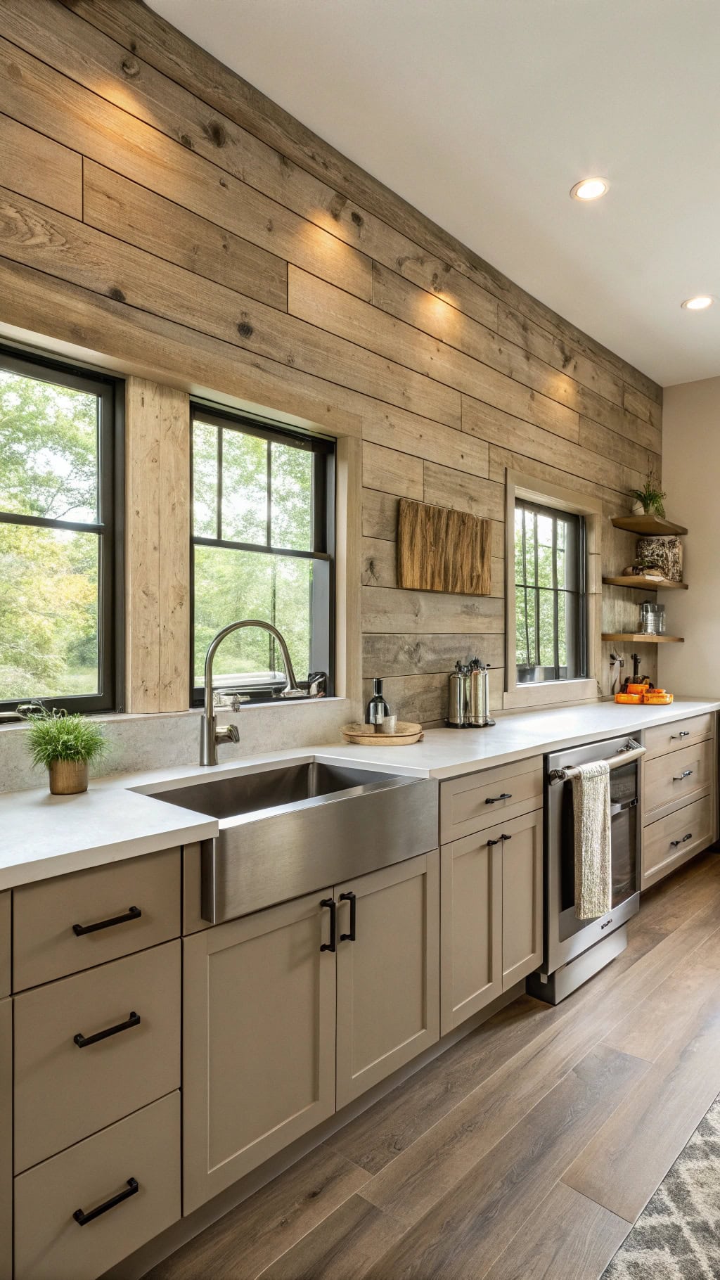 olive stained kitchen accent wall
