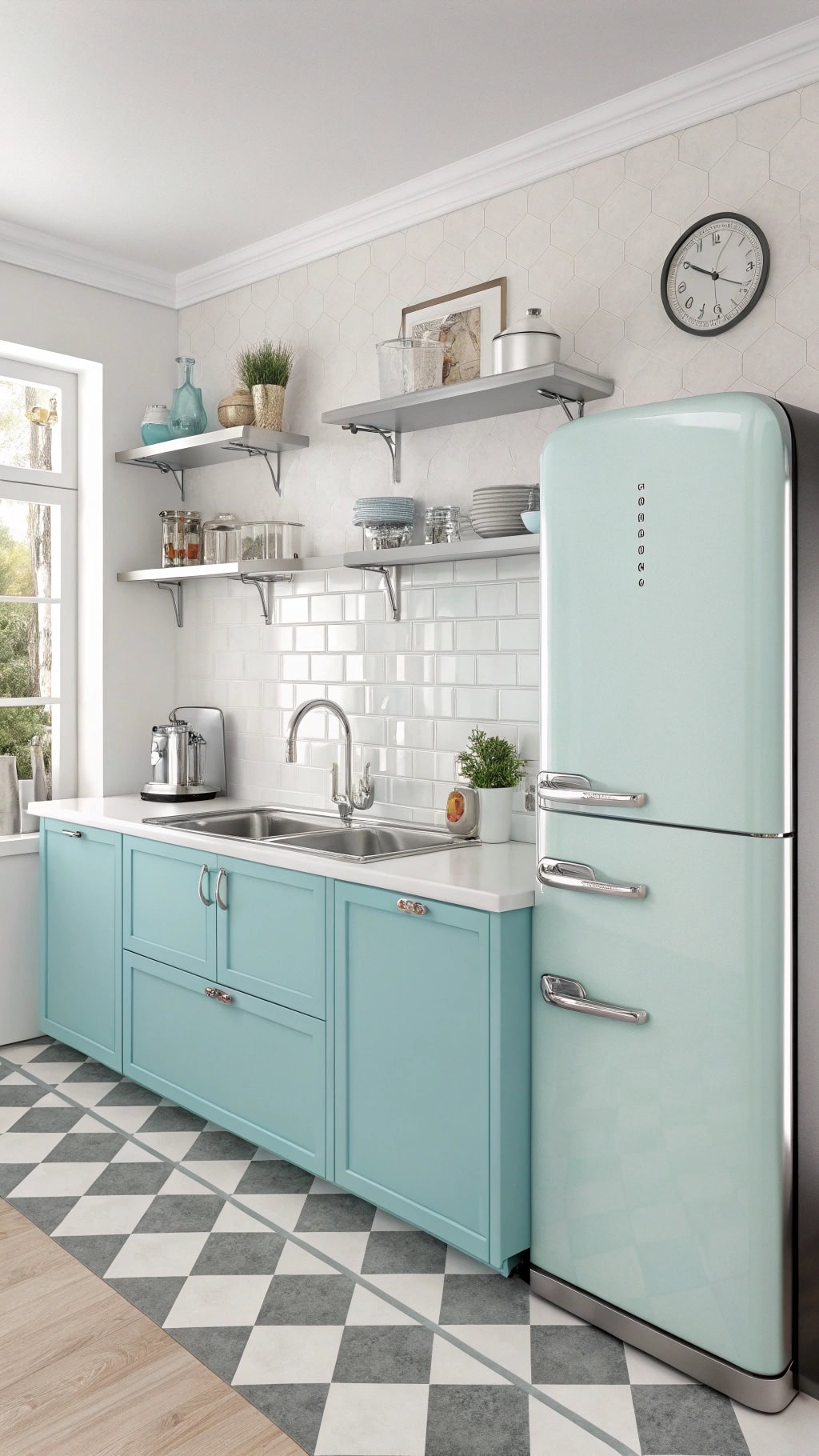 retro pastel blue kitchen