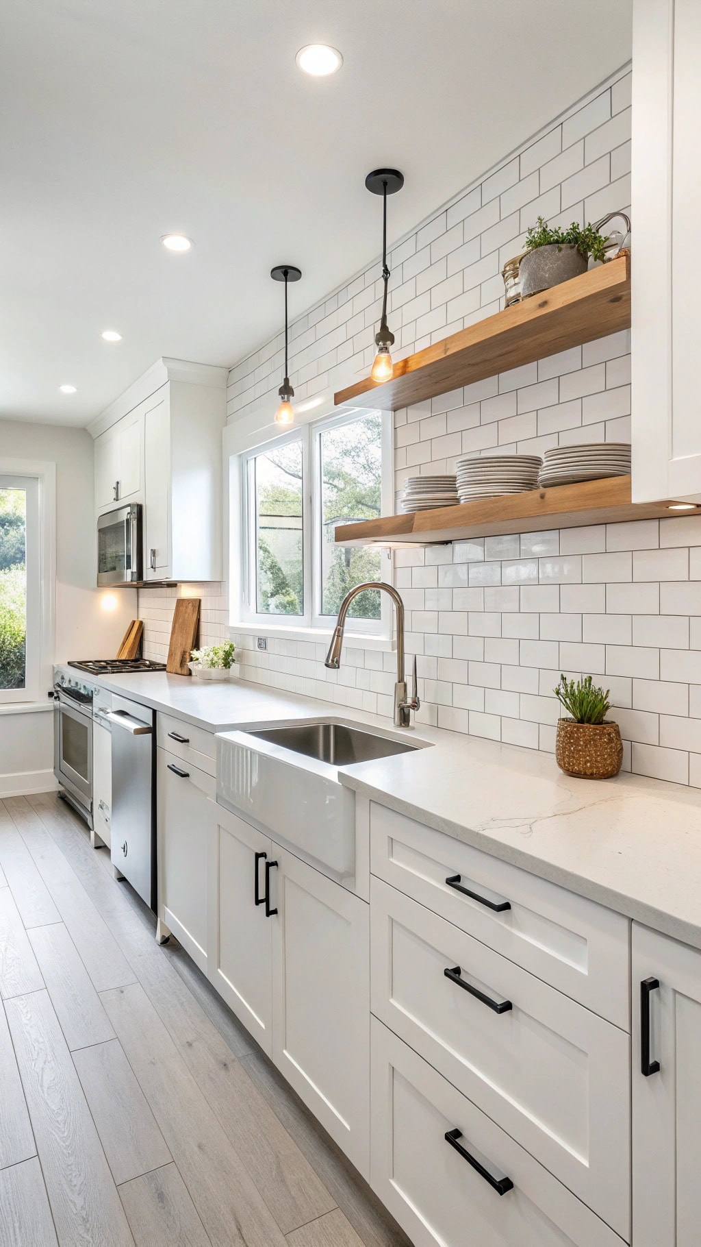 sleek white galley kitchen