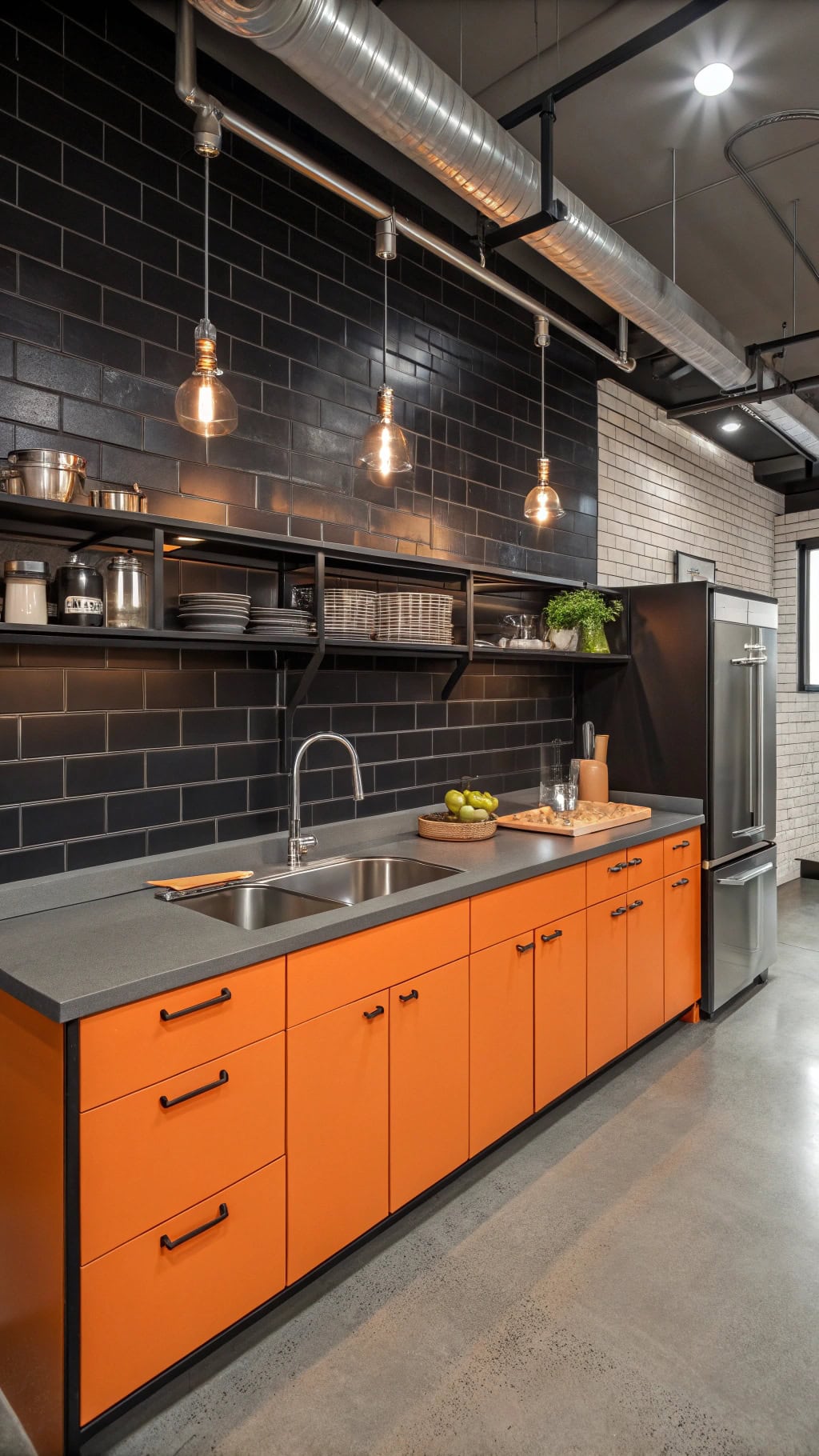 vibrant orange industrial kitchen