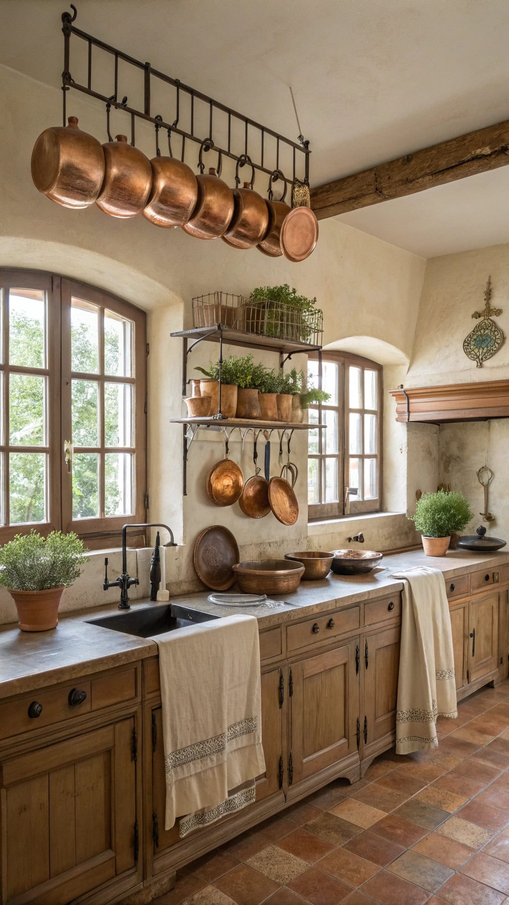 antique copper pot display
