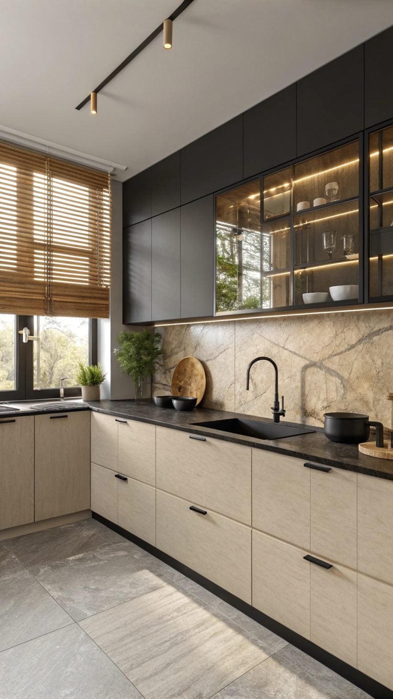 beige and black kitchens