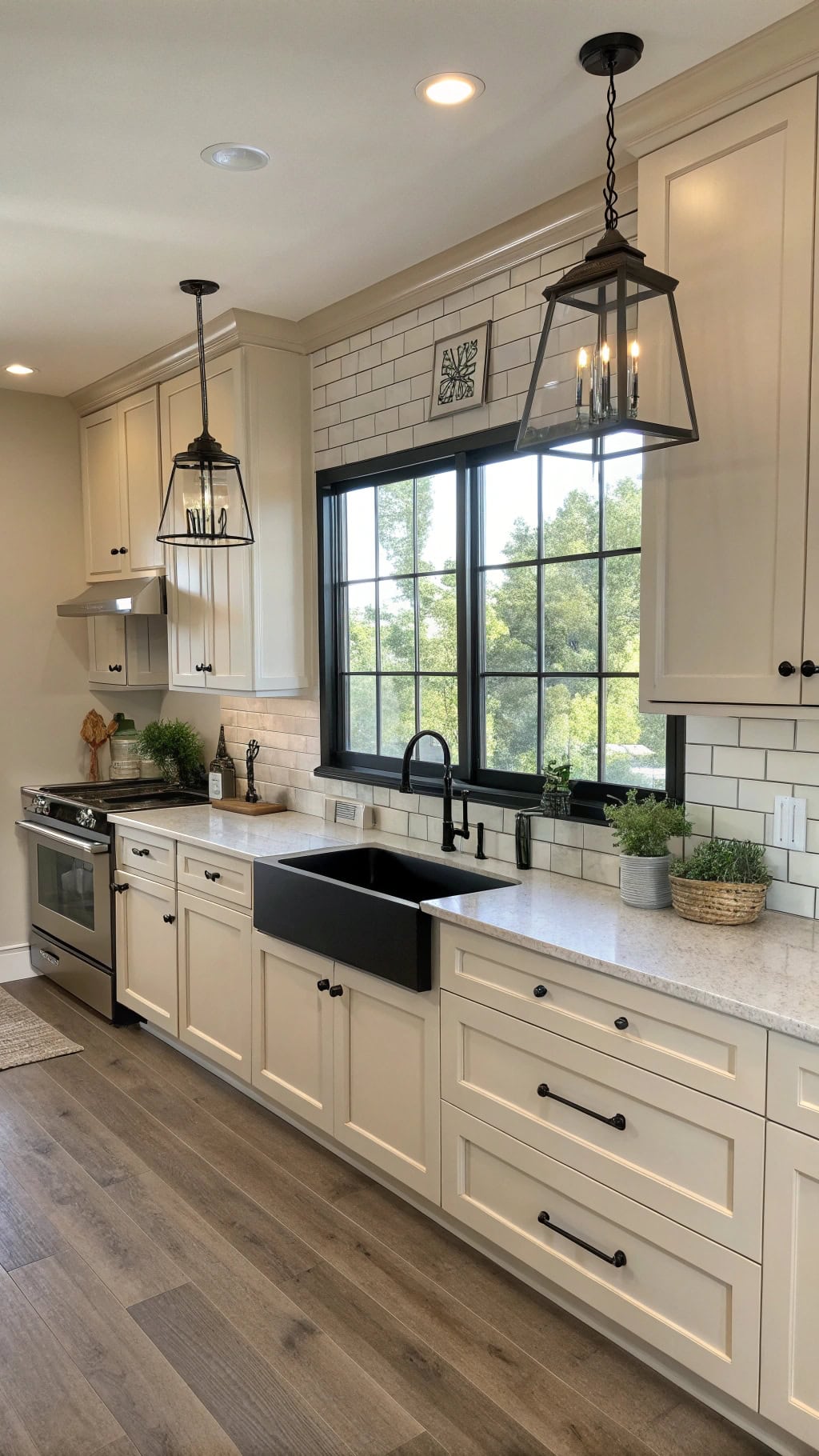 beige kitchen with black accents