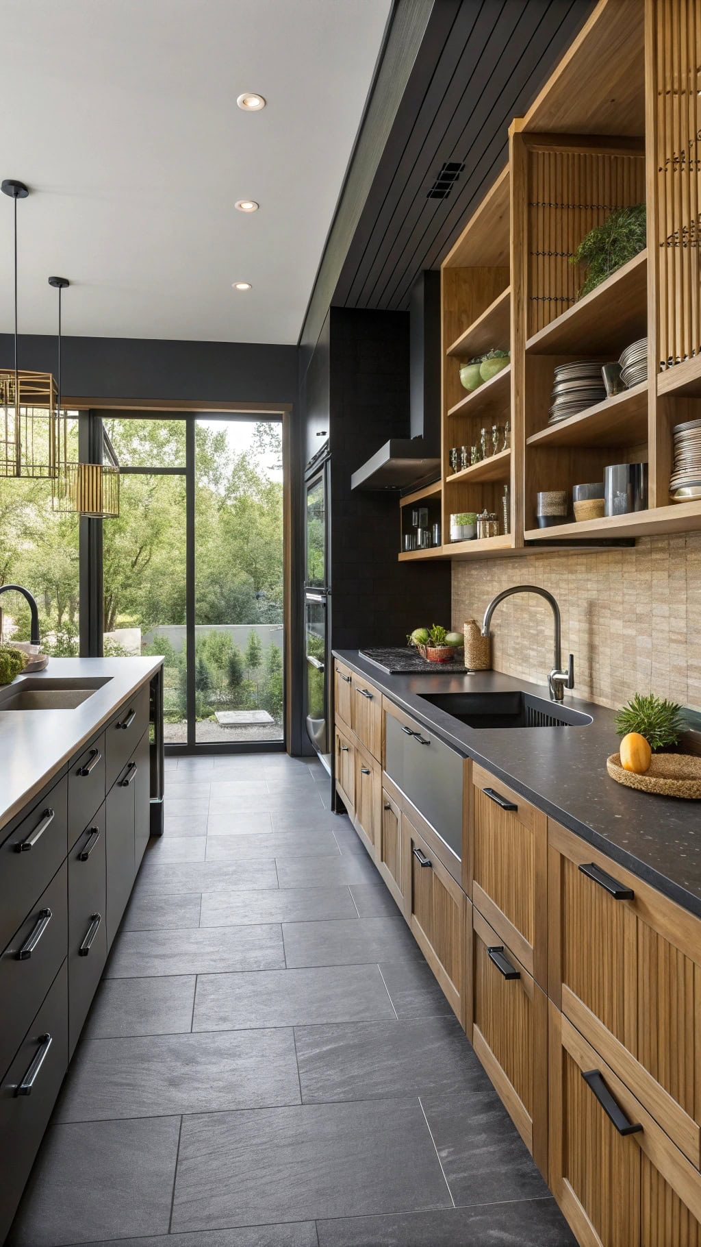black cabinetry bamboo accents