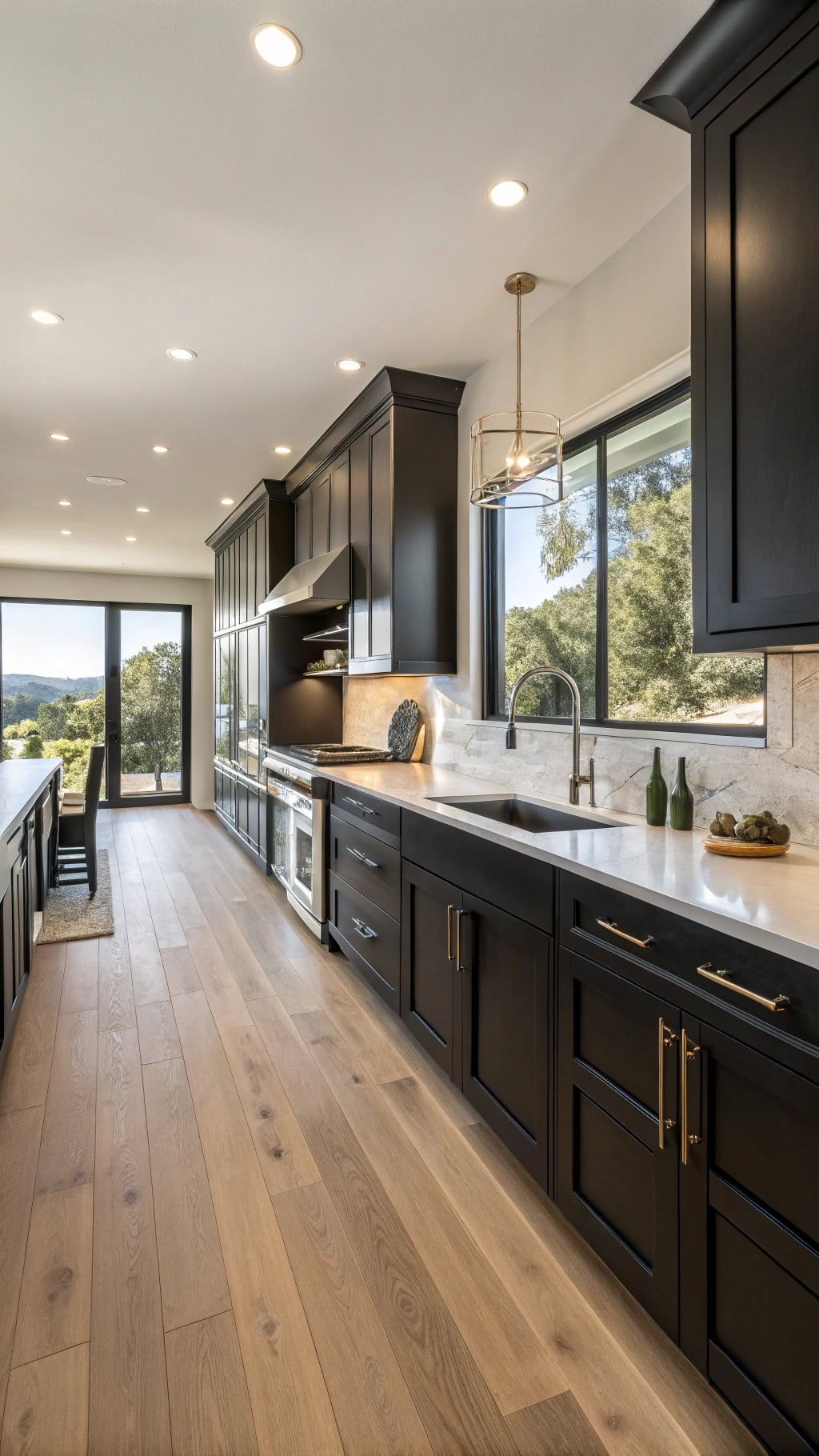 black cabinets natural floors