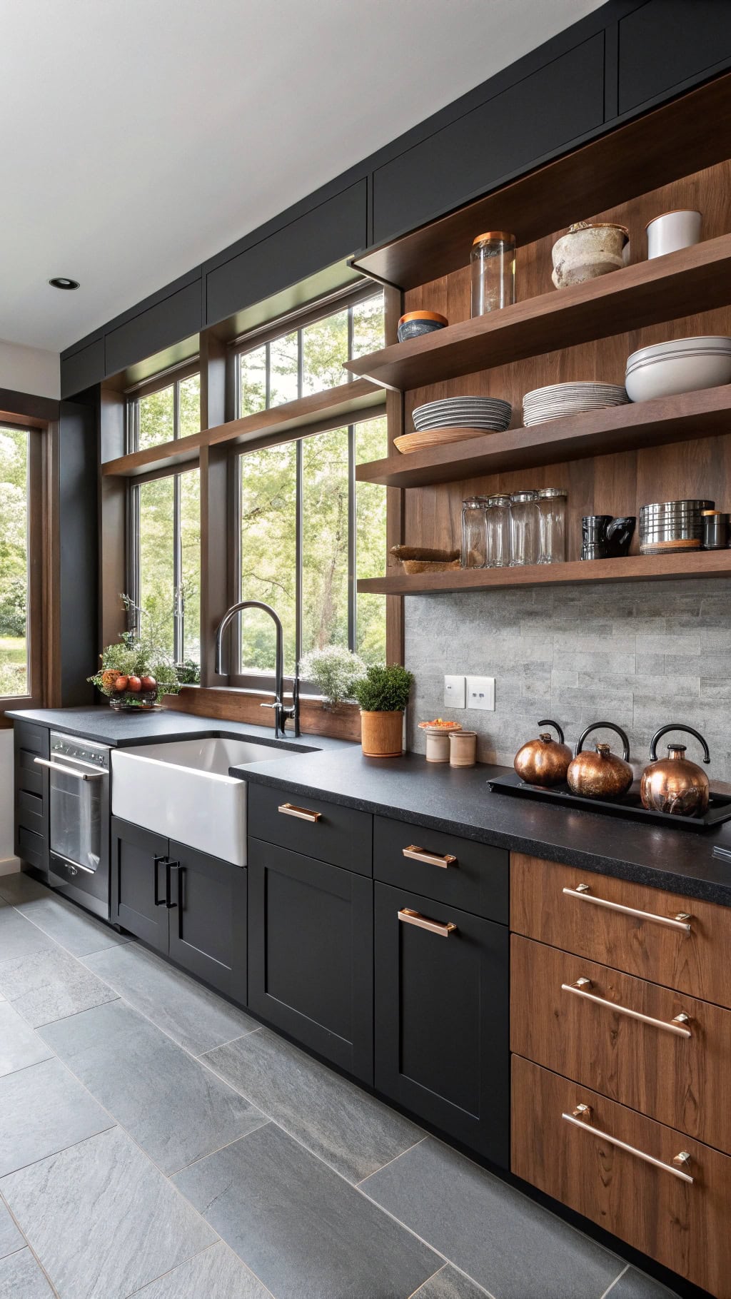 black cabinets walnut shelving