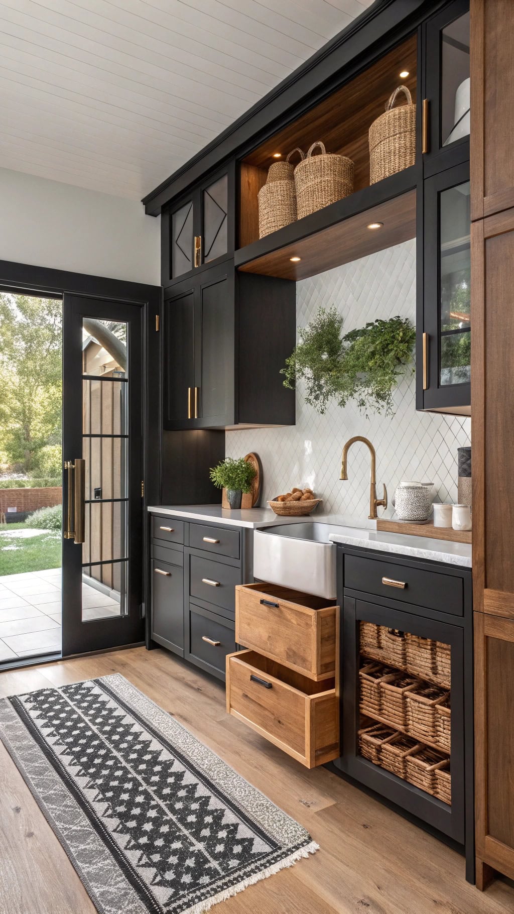 black cabinets warm interiors