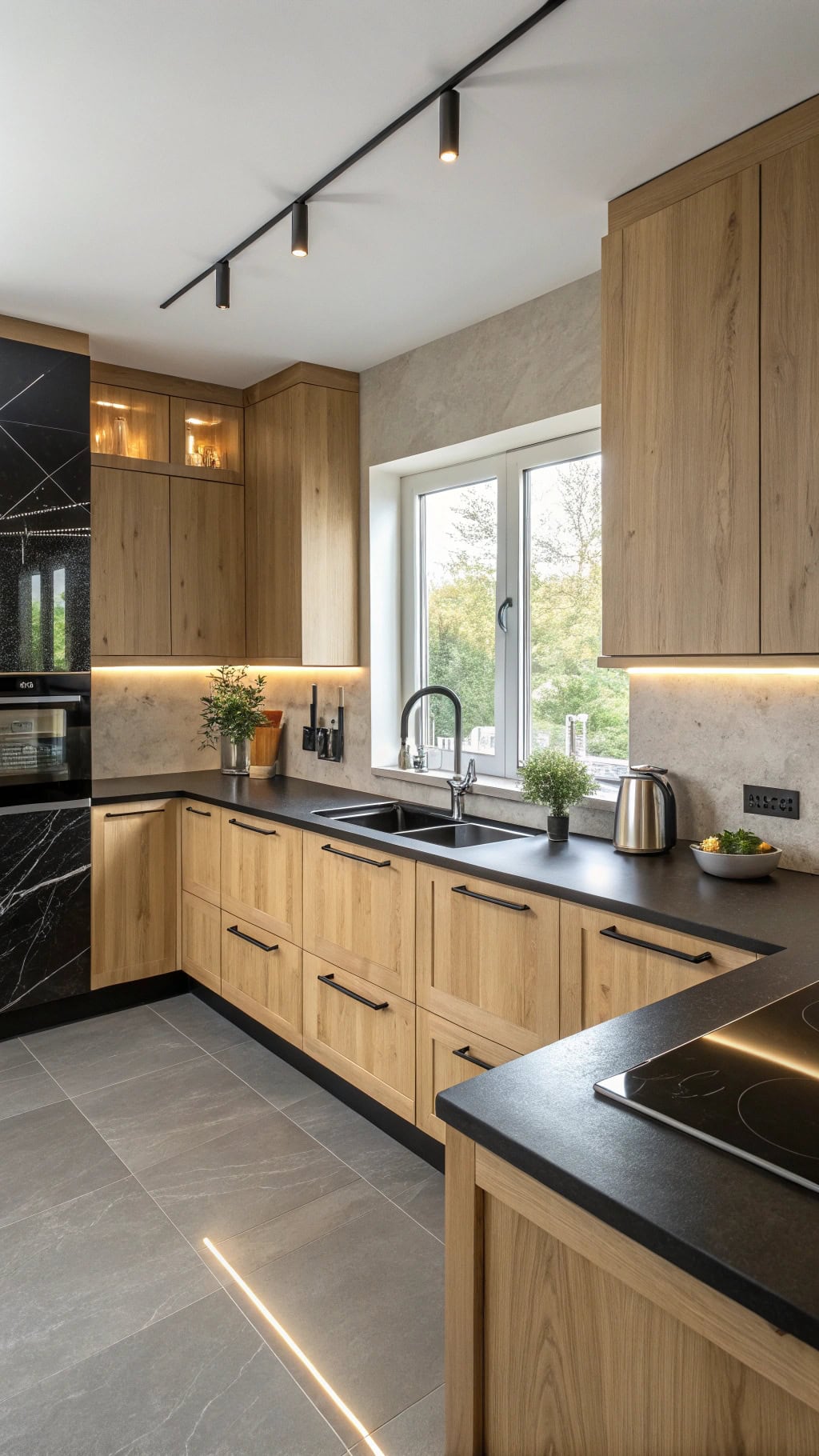 black counters birch cabinets