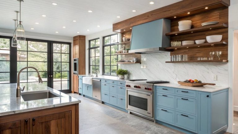 blue and wood kitchens