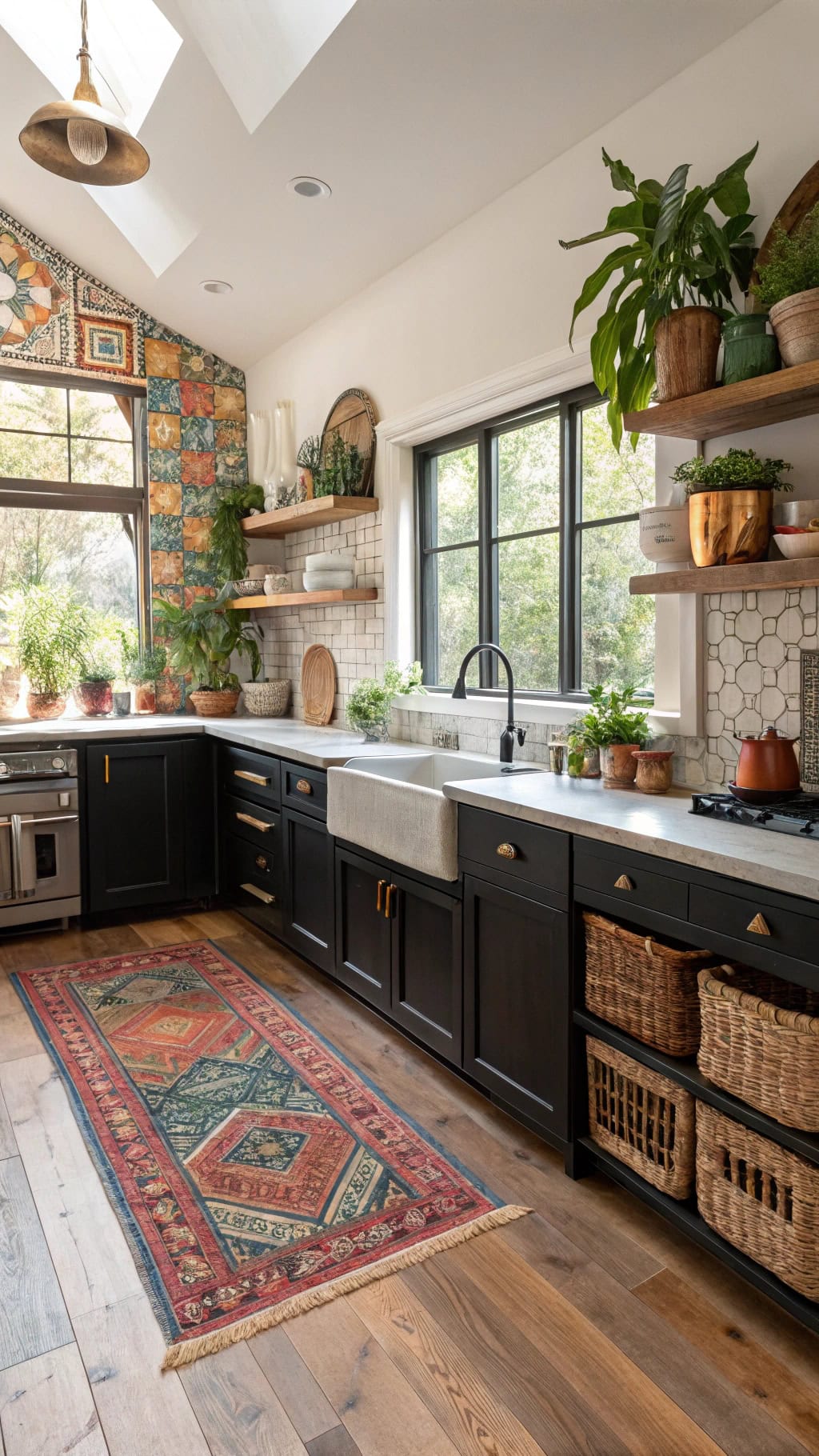 bold black appliances bohemian kitchen