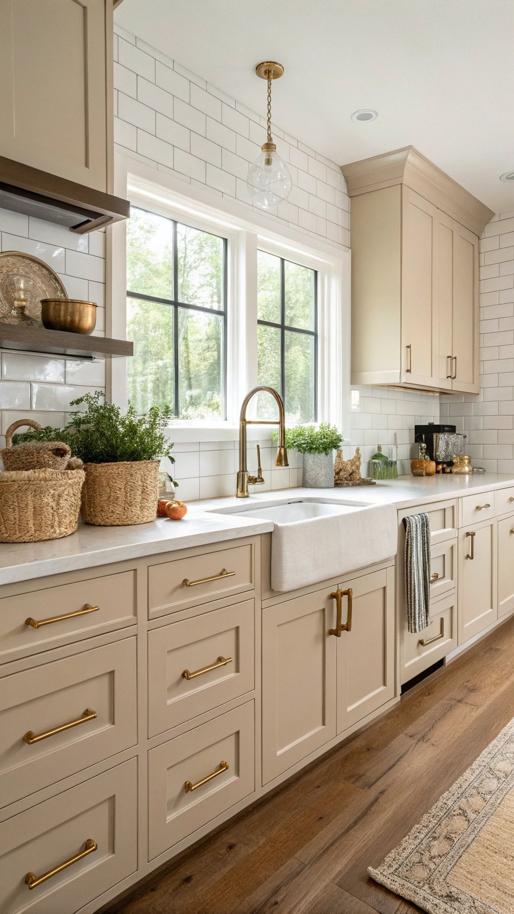 brass accents enhance beige kitchen
