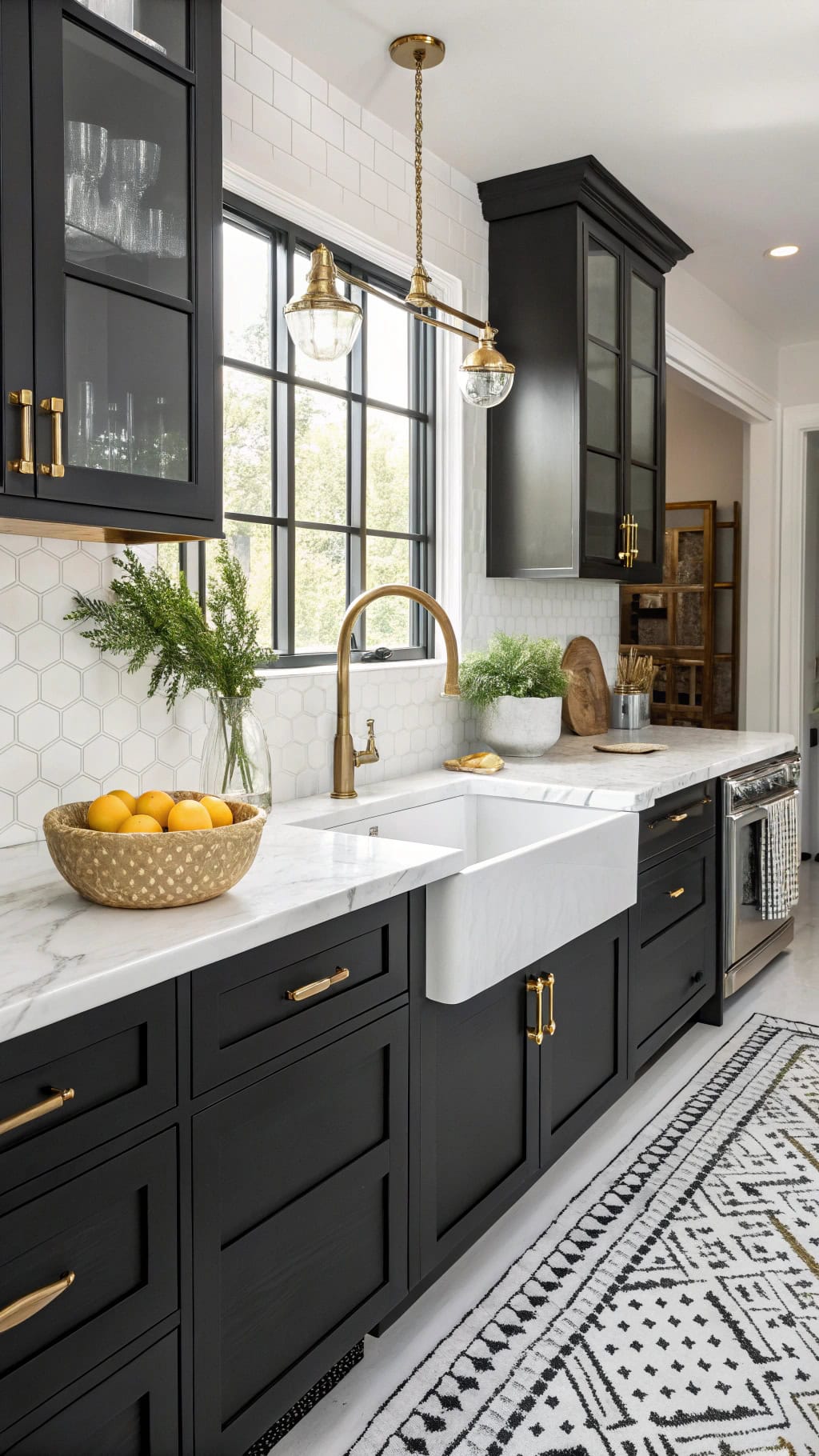 brass accents enhance black cabinets