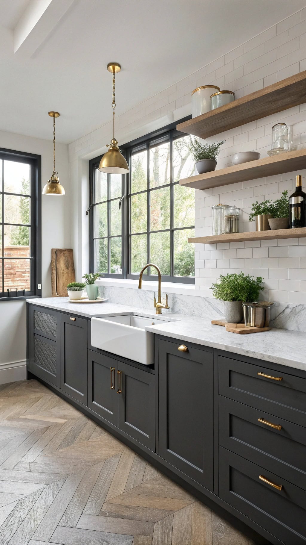 brass accents enhance charcoal cabinets