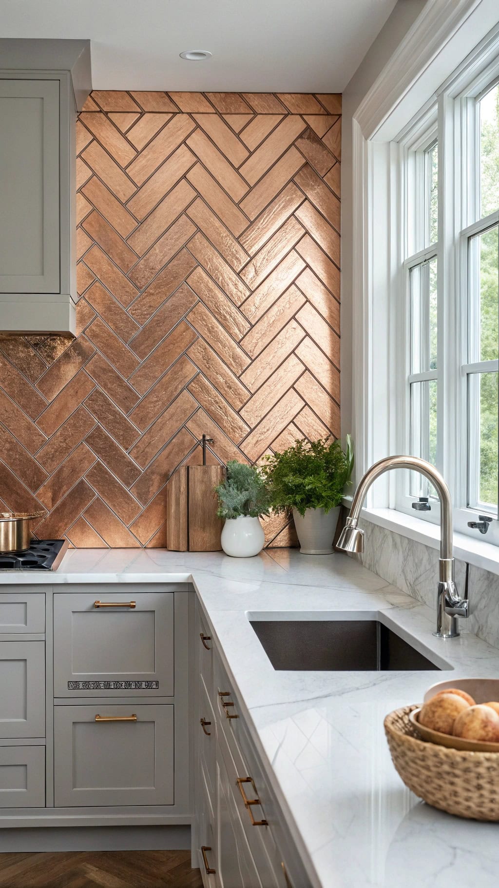 brushed copper herringbone tiles