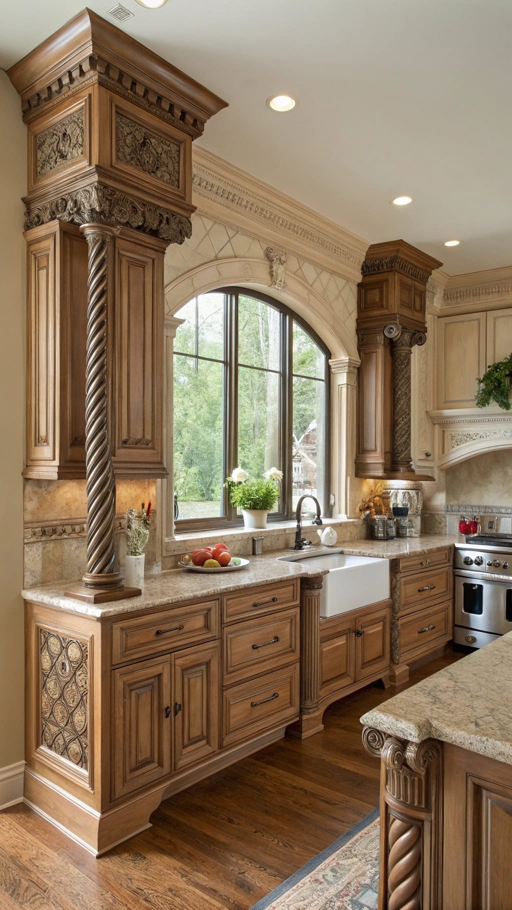 carved details enhance cabinetry