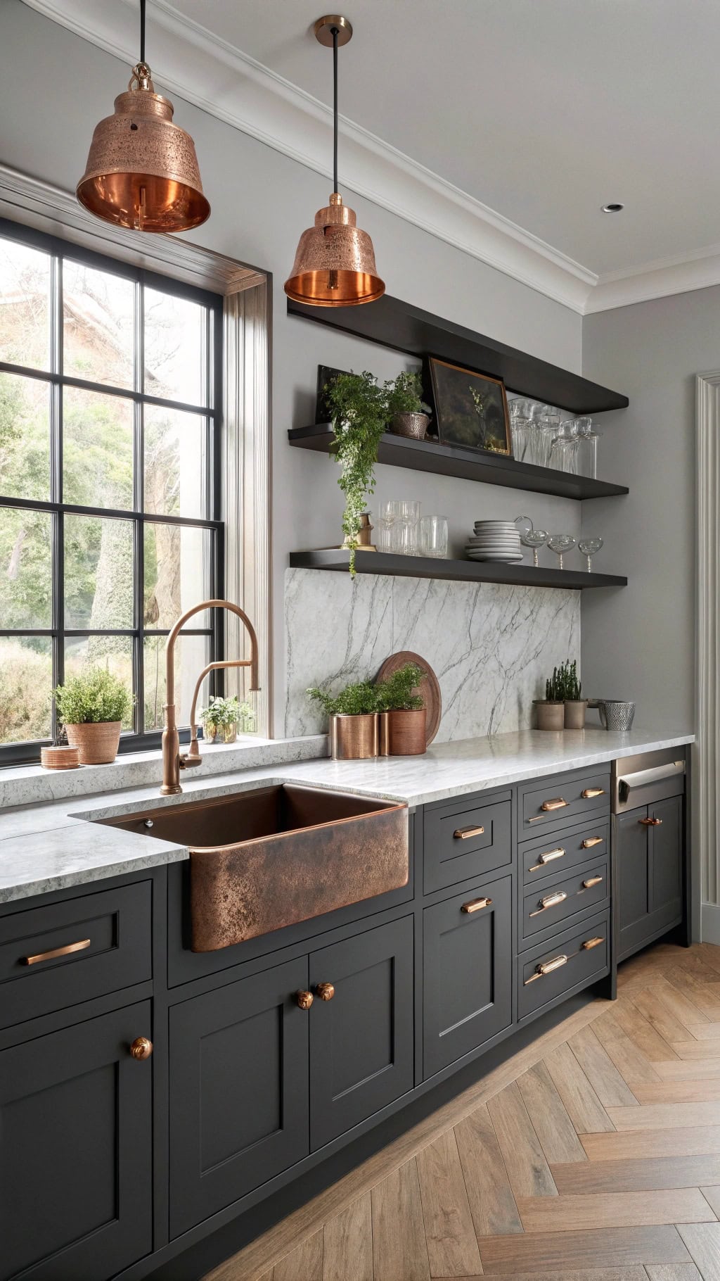 charcoal and copper kitchen elegance