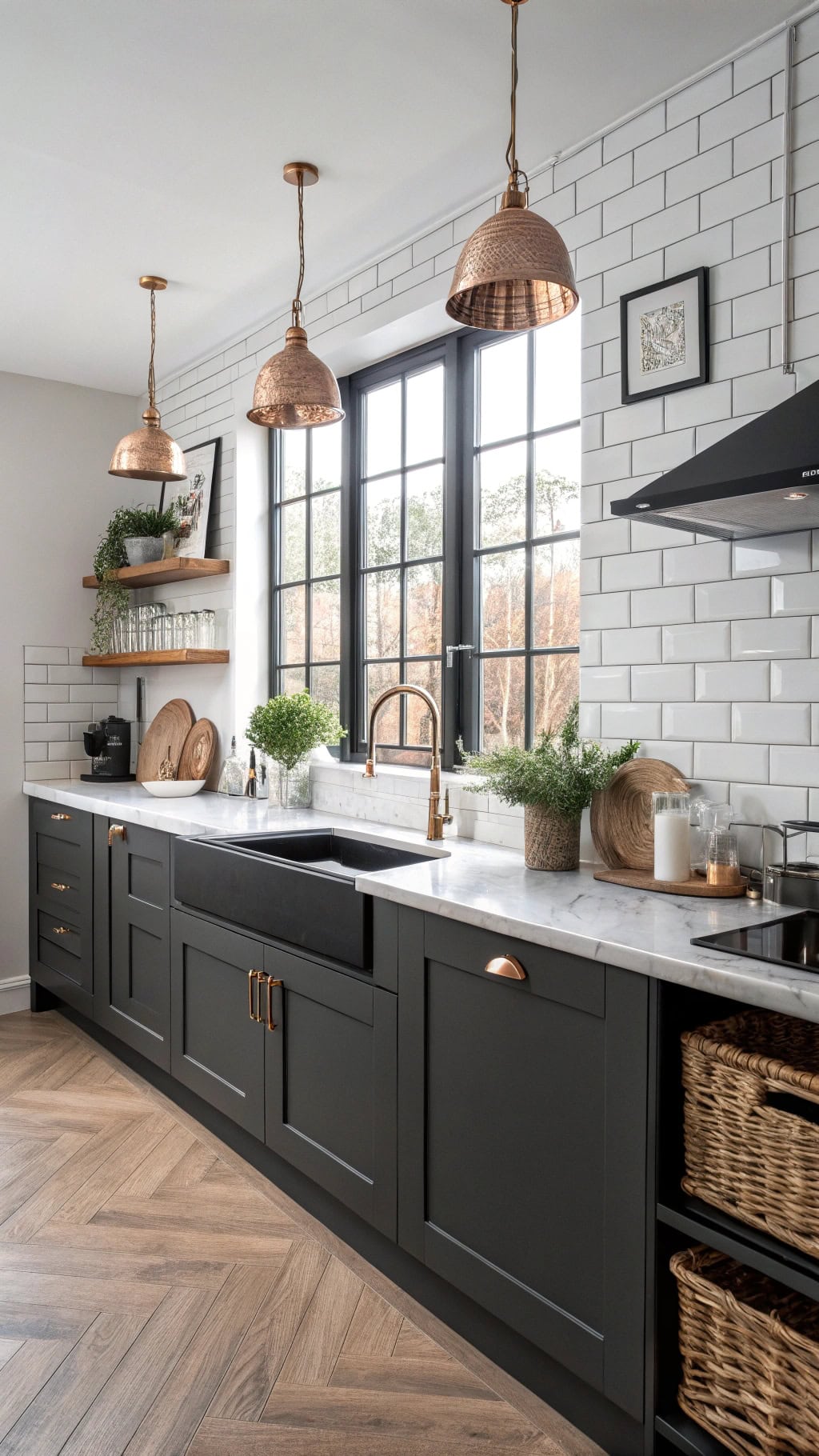 charcoal cabinets copper fixtures