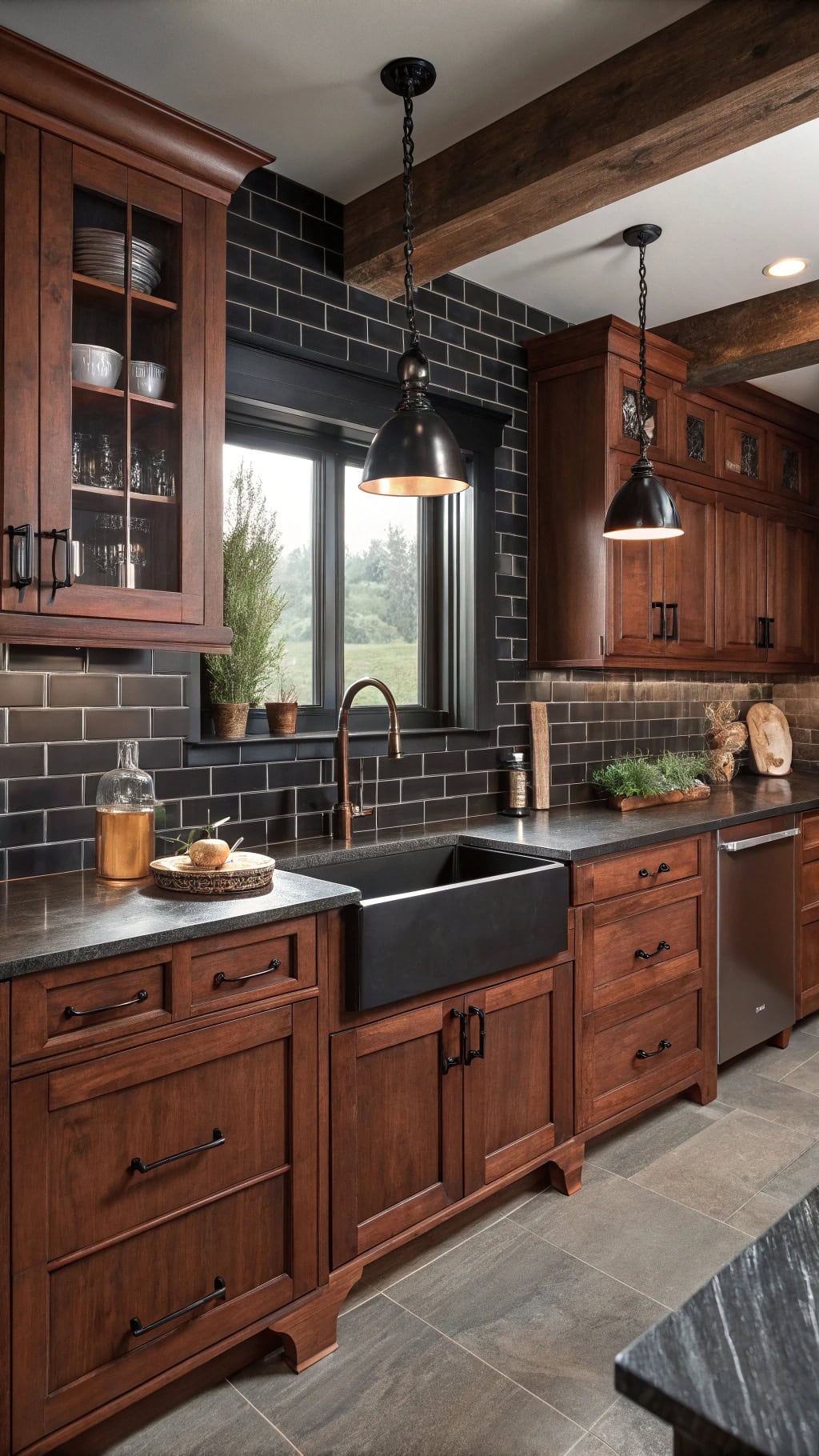 cherry cabinets black accents