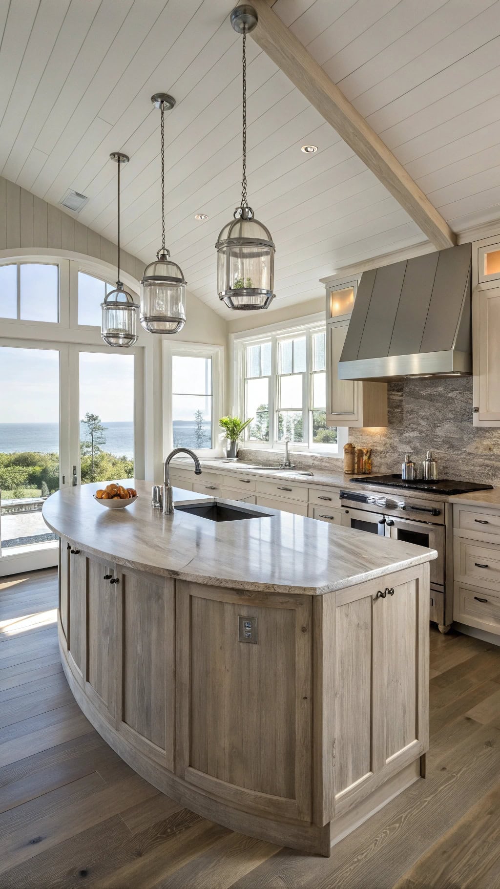 coastal inspired curved breakfast bar