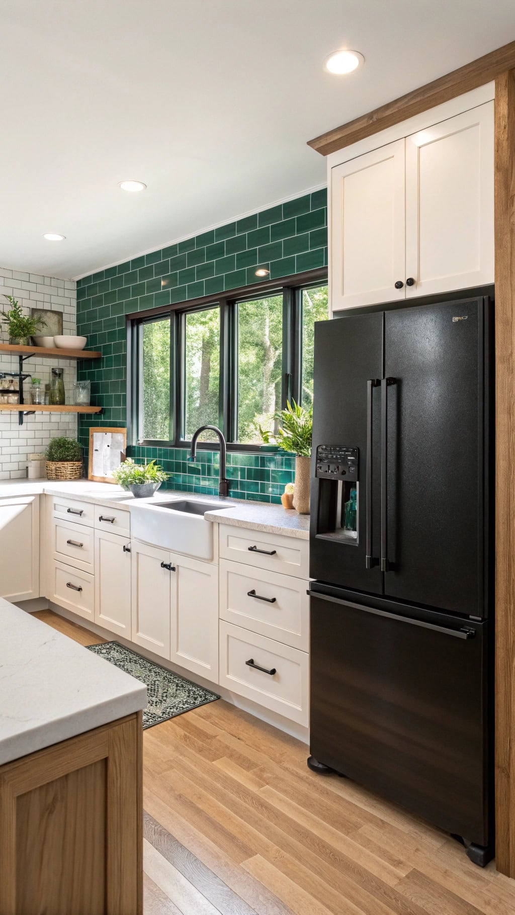 colorful backsplash for black fridge