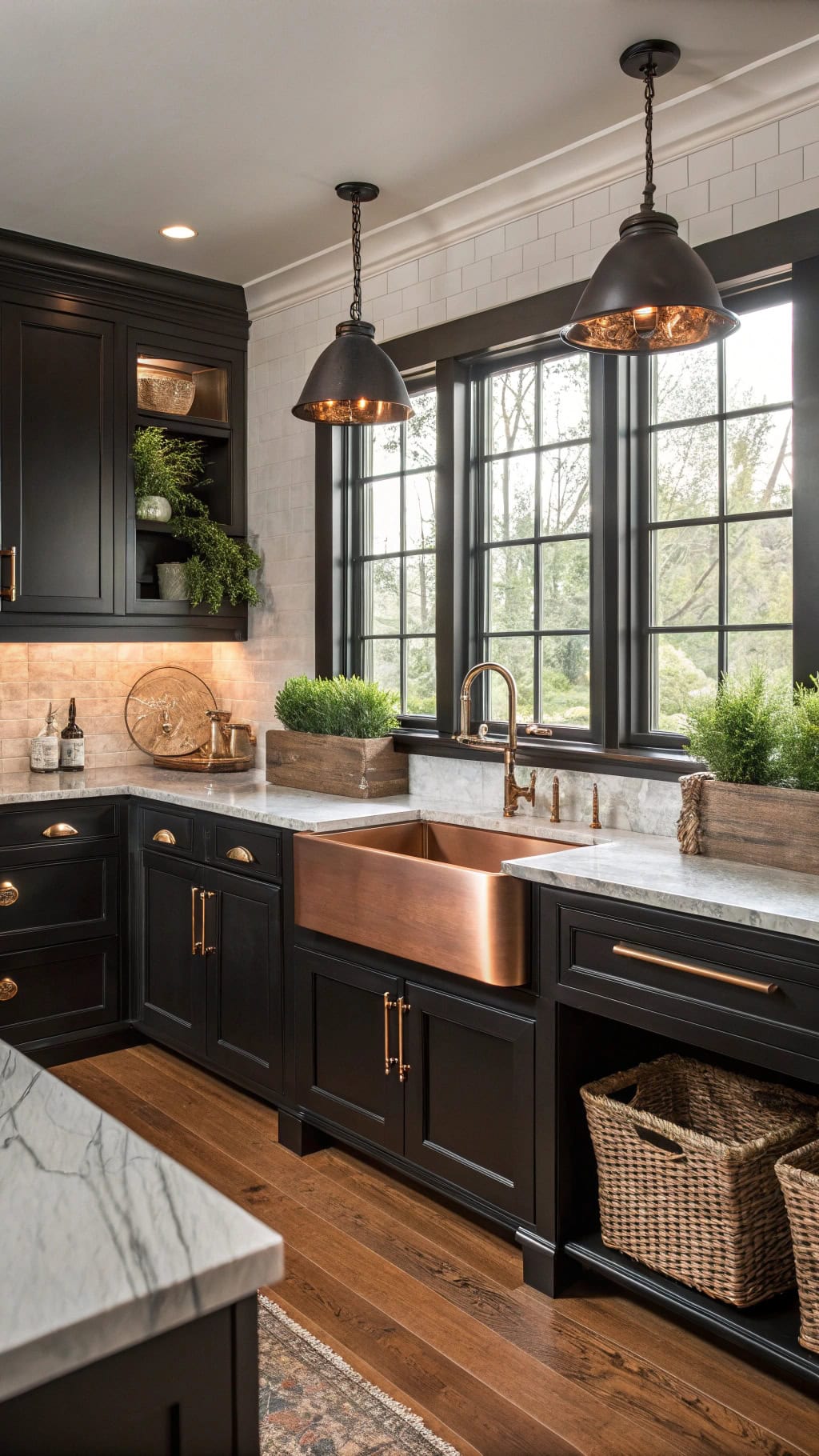 copper accents enhance black island